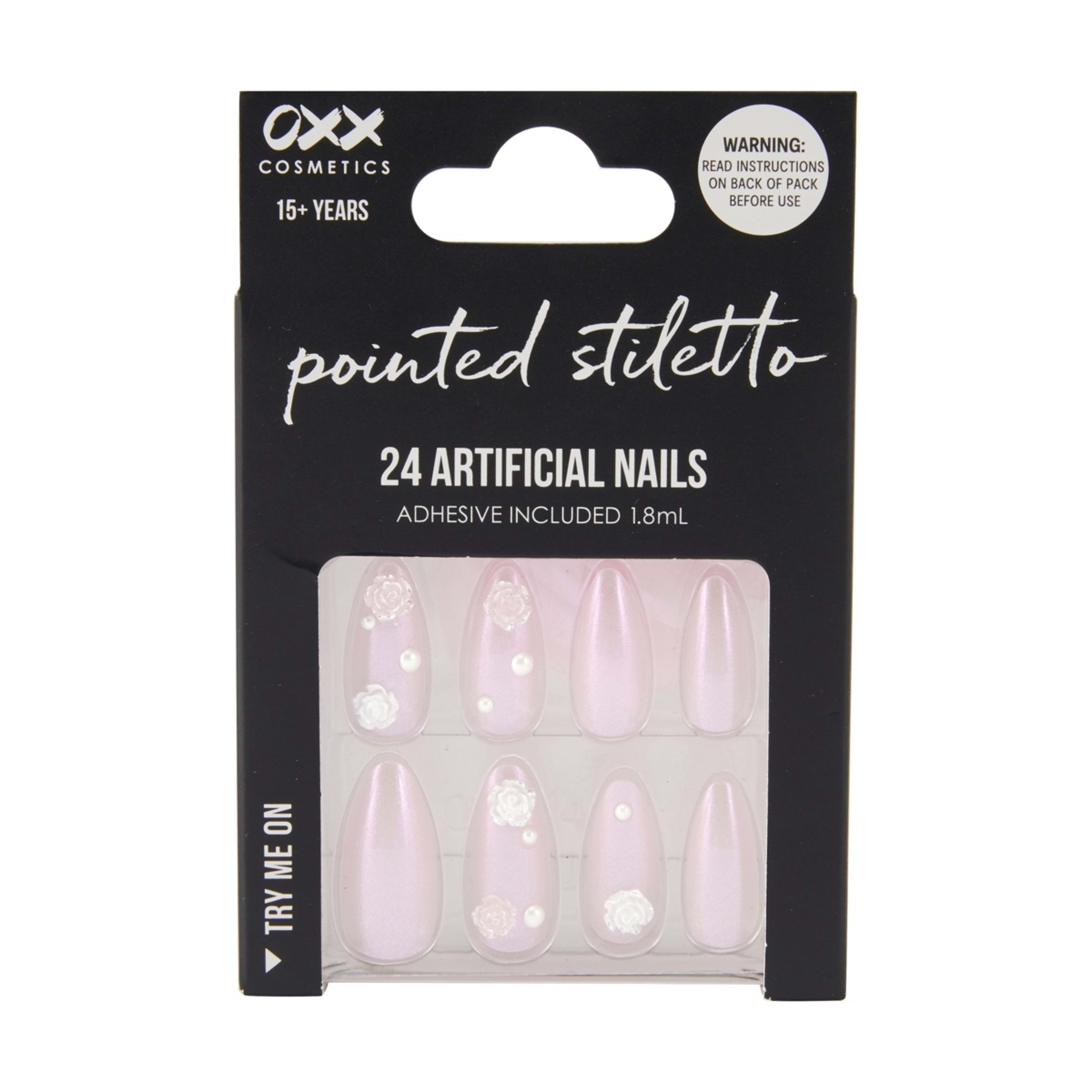 1 OXX Cosmetics 24 Pack Artificial Nails with Adhesive - Pointed Stiletto Shape, Jelly Flowers