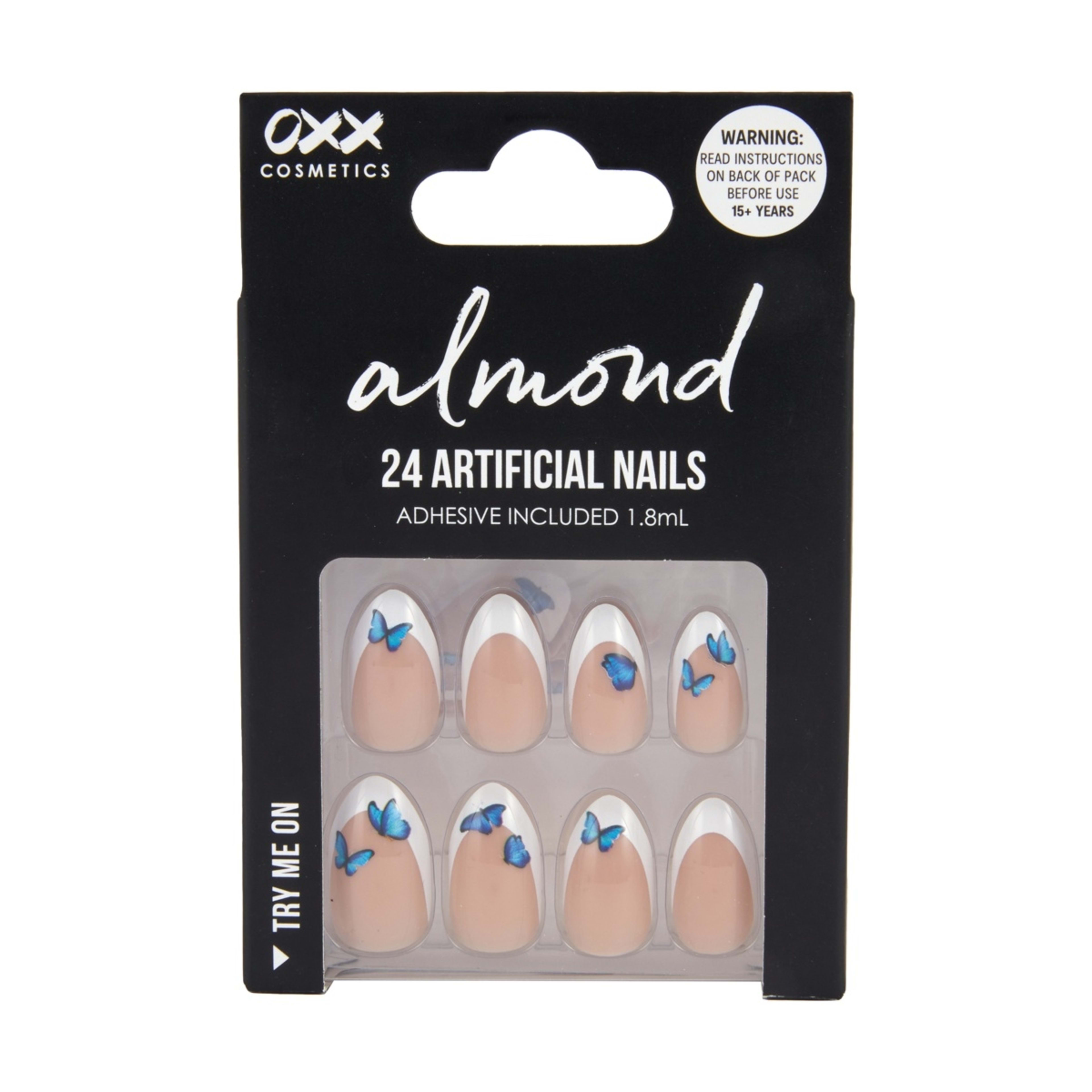 1 OXX Cosmetics 24 Pack Artificial Nails with Adhesive - Almond Shape, French Tip and Blue Butterflies, 1 of 5