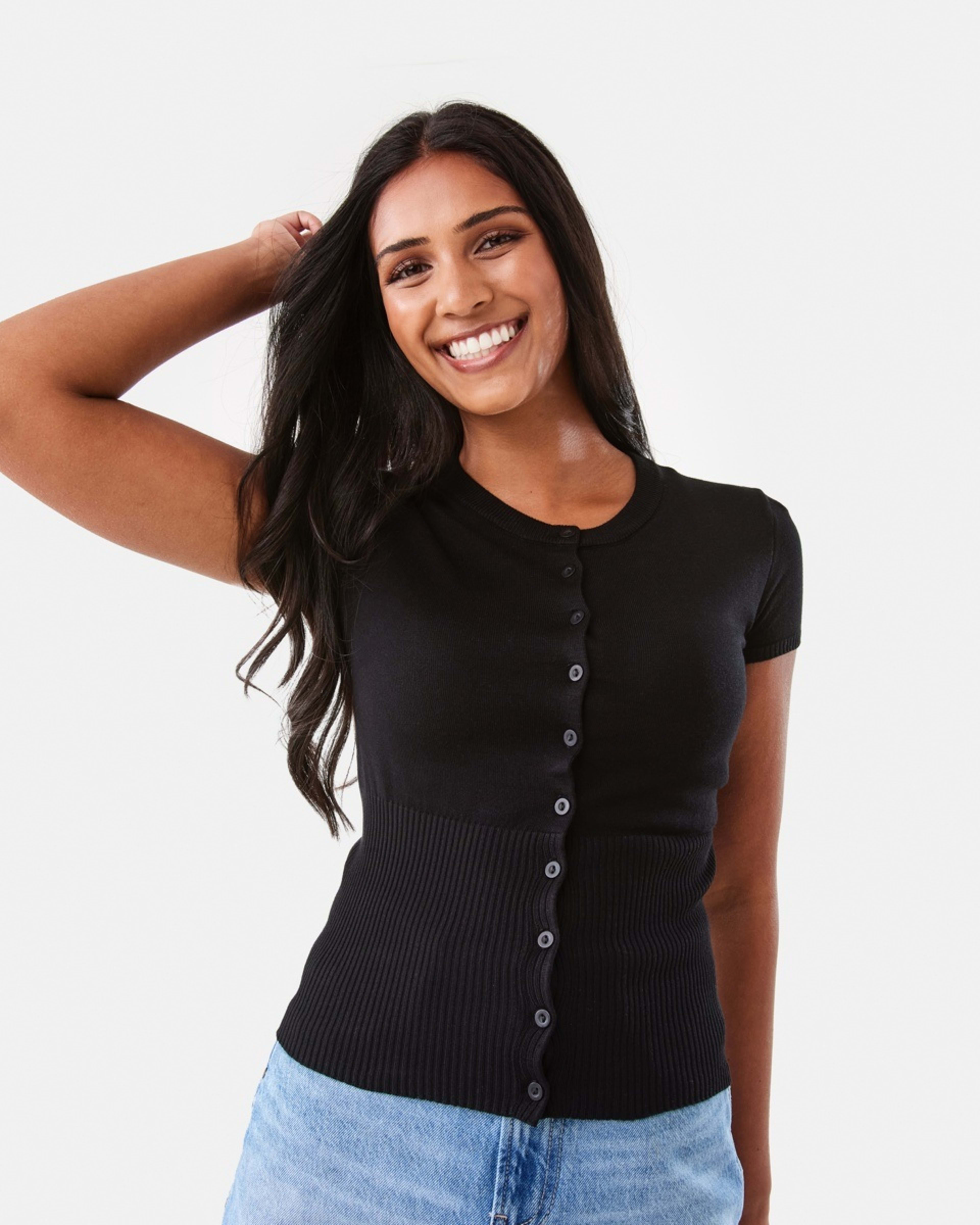 1 Short Sleeve Longline Button Up Top Black