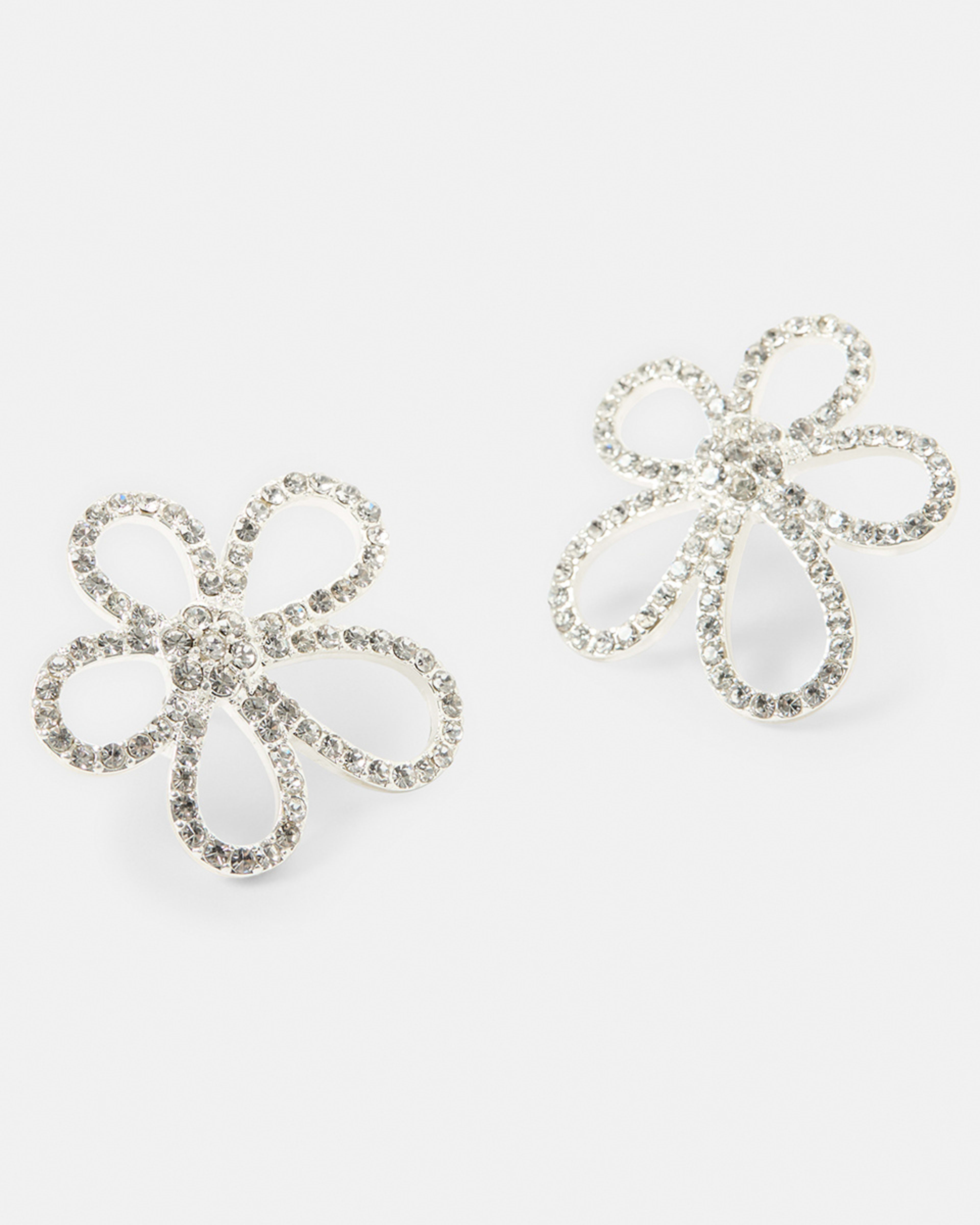 3 Diamante Flower Stud Earrings - Silver Tone Silver, 3 of 5