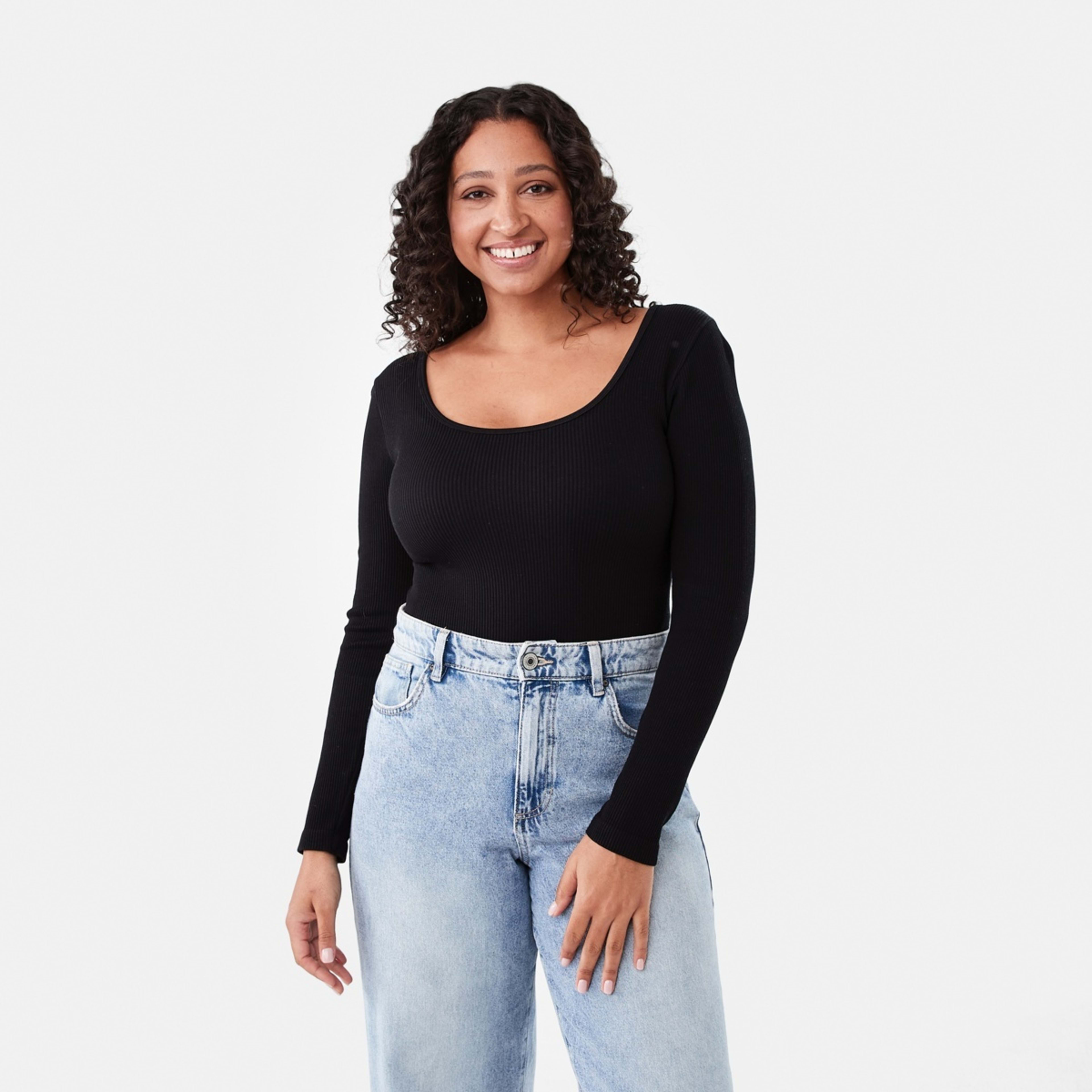 1 Long Sleeve Soft Rib Bodysuit Black, 1 of 7