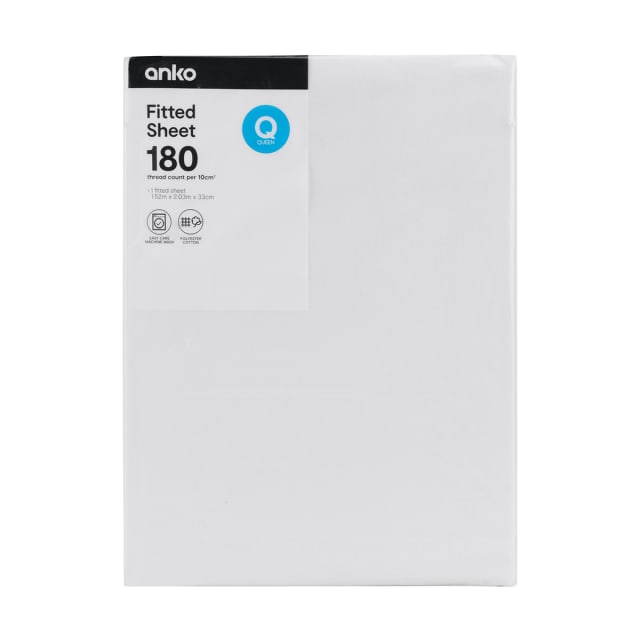 180 Thread Count Fitted Sheet Queen Bed, White Kmart