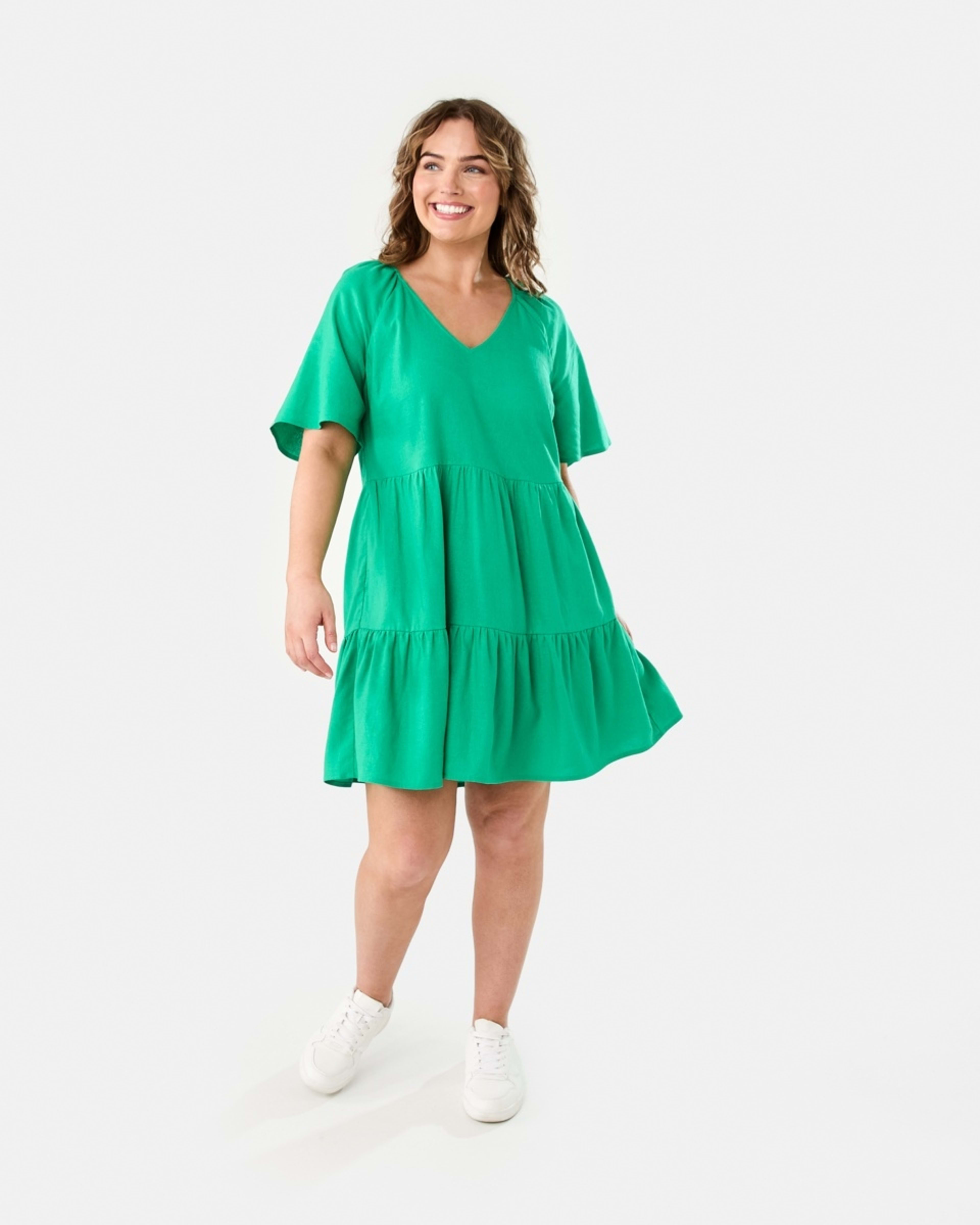 10 Short Sleeve Linen Blend Tiered Mini Dress SIMPLY GREEN, 10 of 10