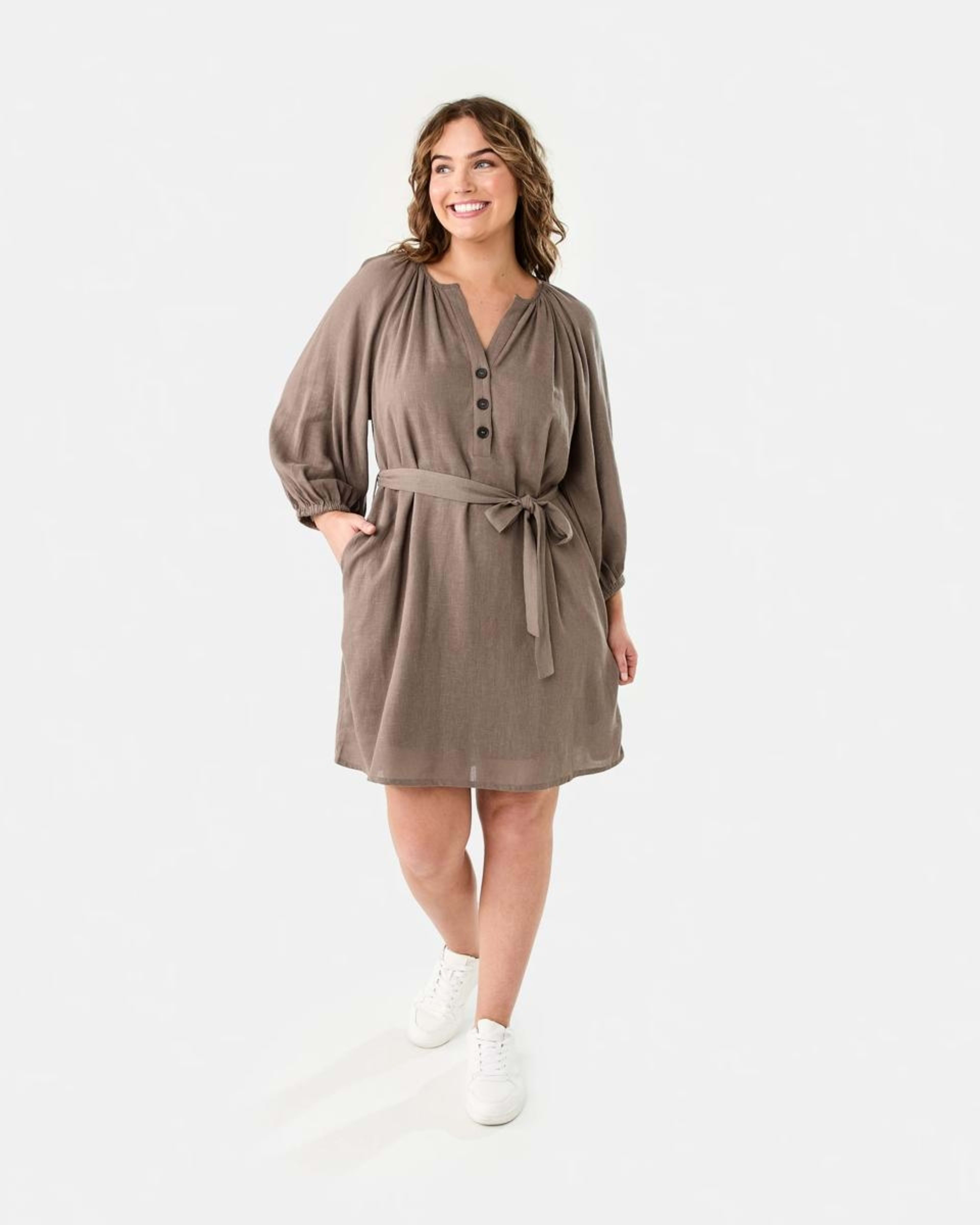 8 Elbow Sleeve Linen Blend Mini Dress DEEP TAUPE, 8 of 8