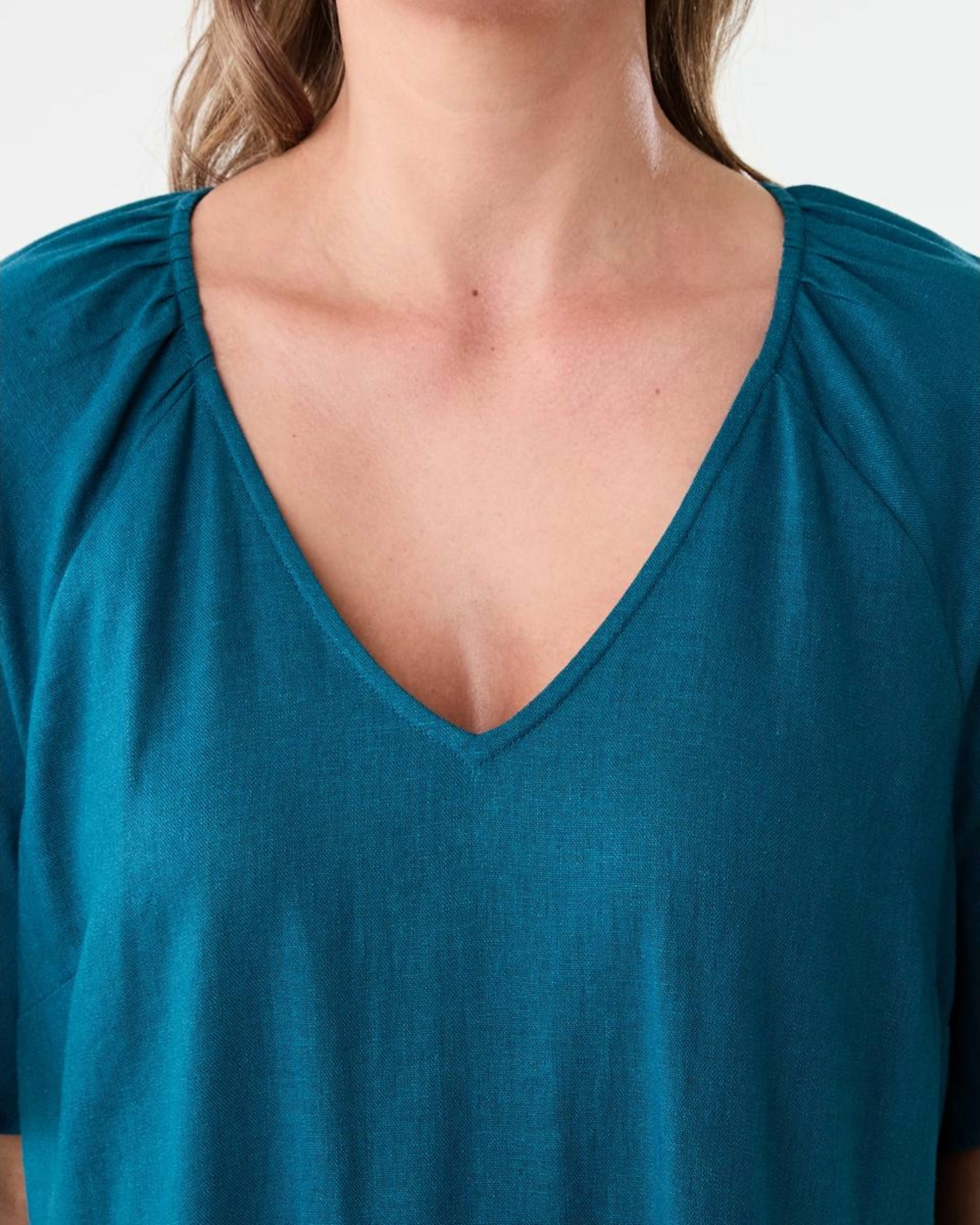 7 Short Sleeve Linen Blend Tiered Mini Dress Teal Coral, 7 of 9