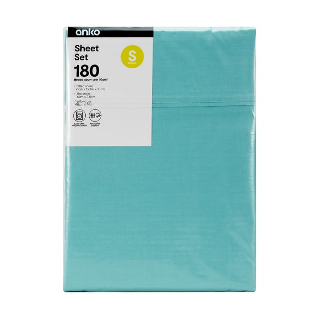 180 Thread Count Sheet Set Single Bed, Aqua Kmart
