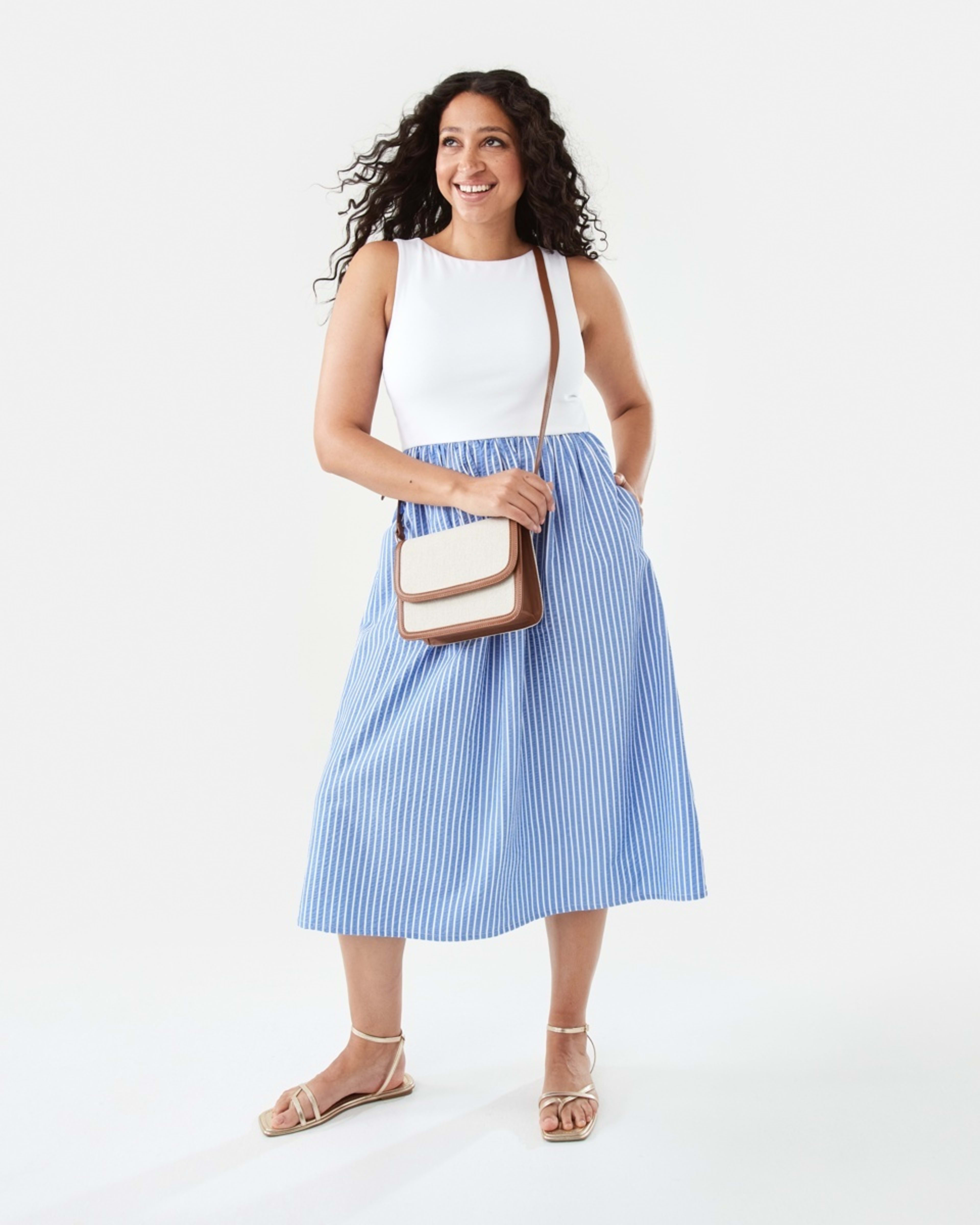 1 Sleeveless Knit Woven Midi Dress Blu Zoe St