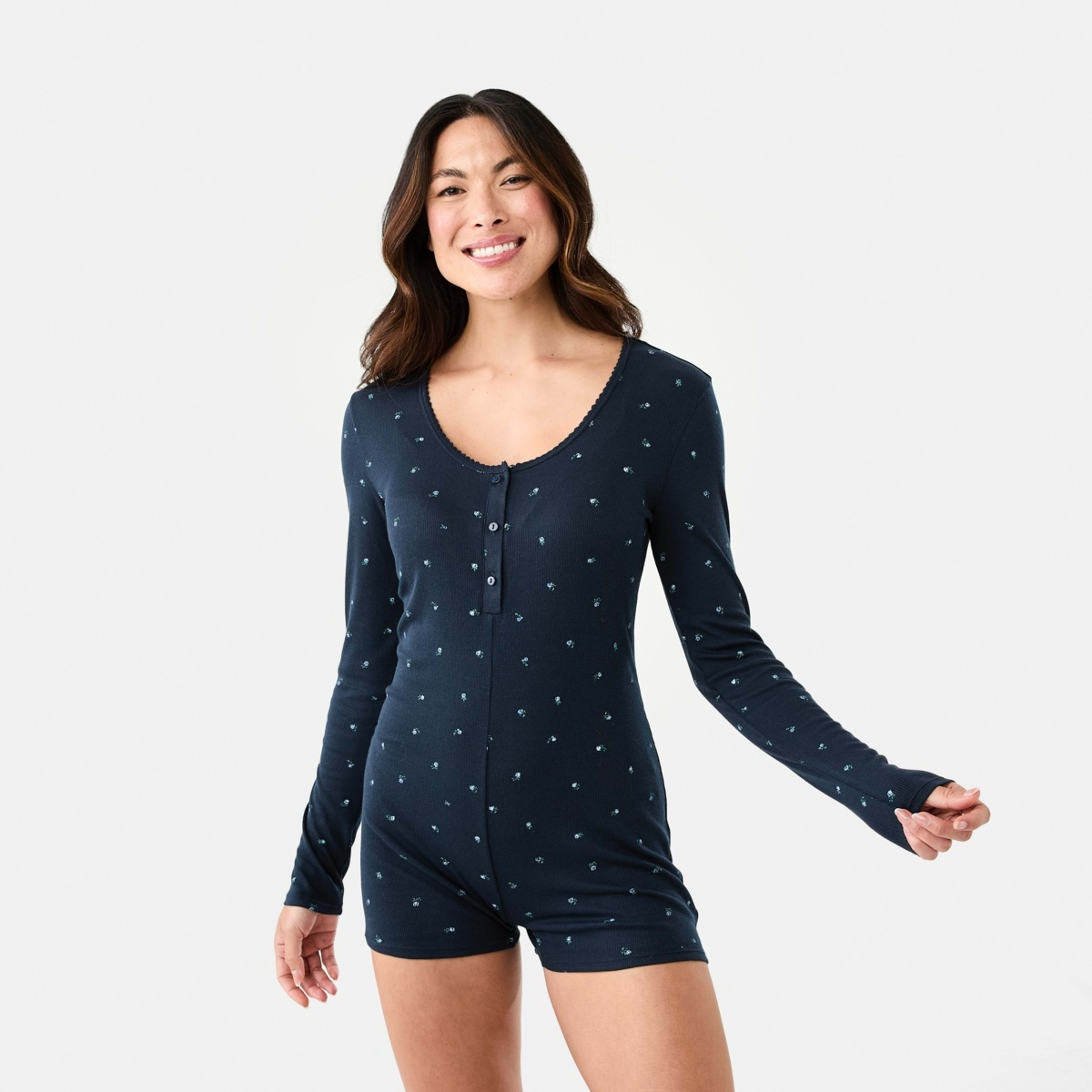 1 Long Sleeve Henley Romper Sm Ditsy N, 1 of 8