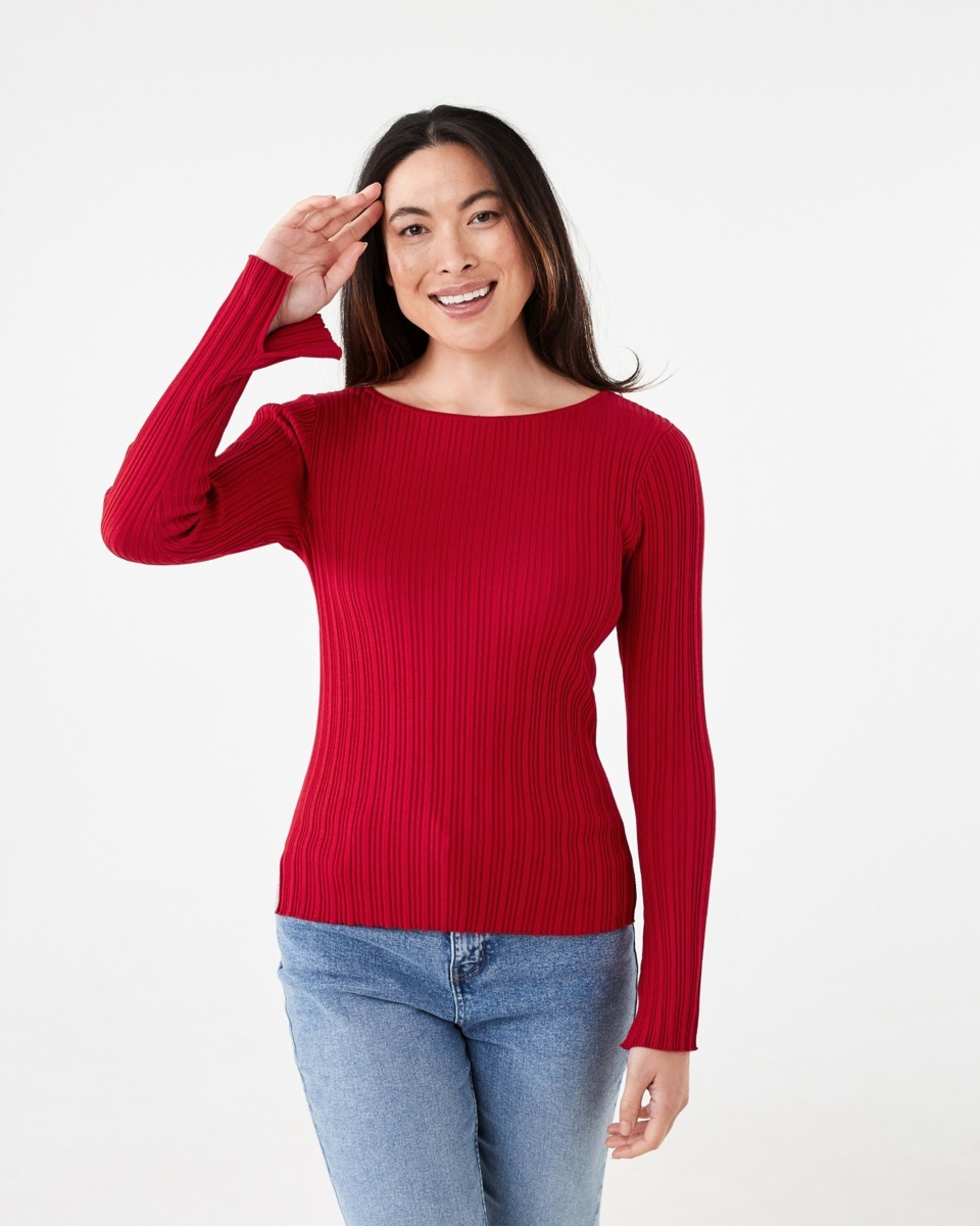 1 Long Sleeve Rib Boat Neck Top Cherry Red