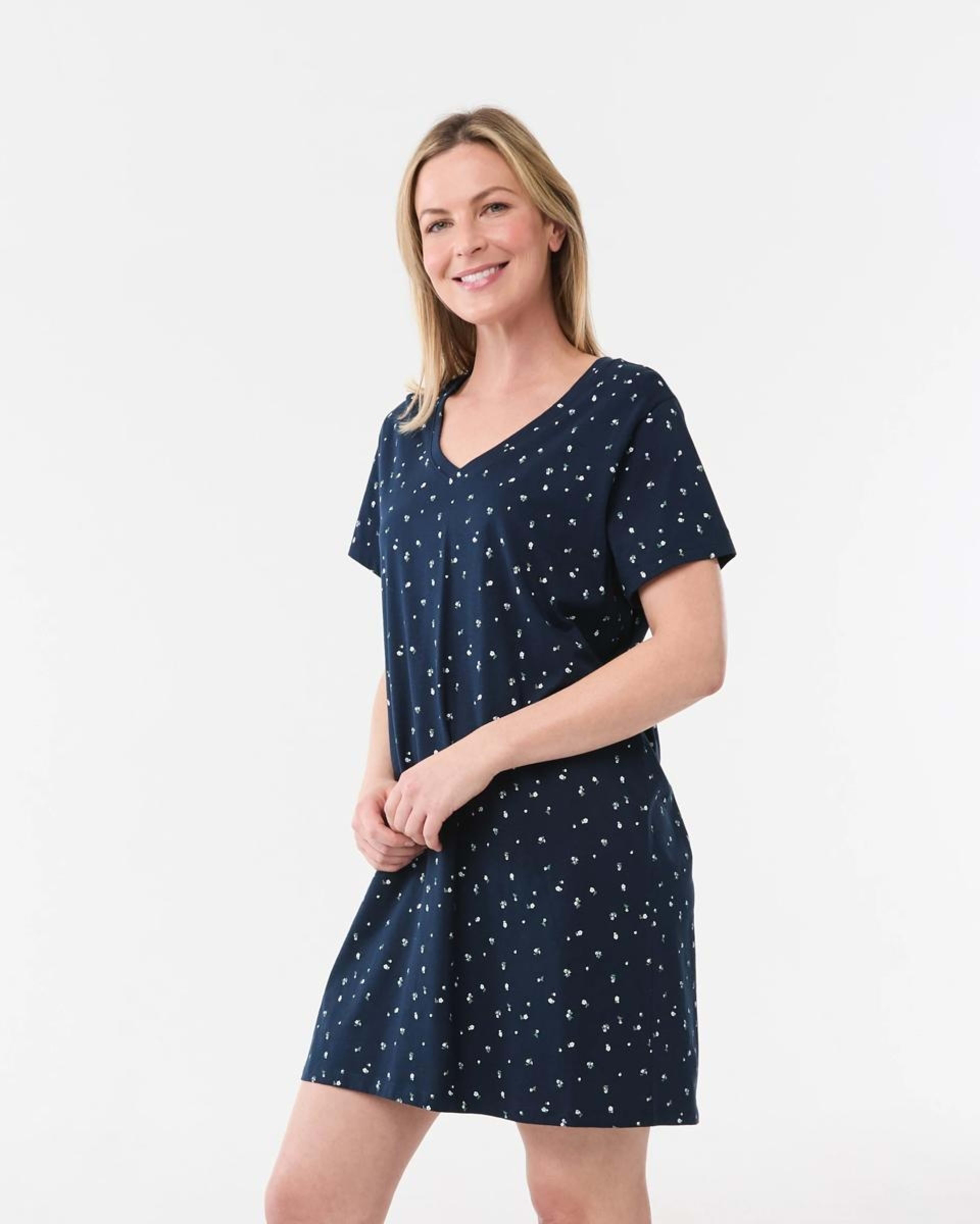 2 Short Sleeve V-Neck Nightie DITSY NAVY BLAZER, 2 of 5