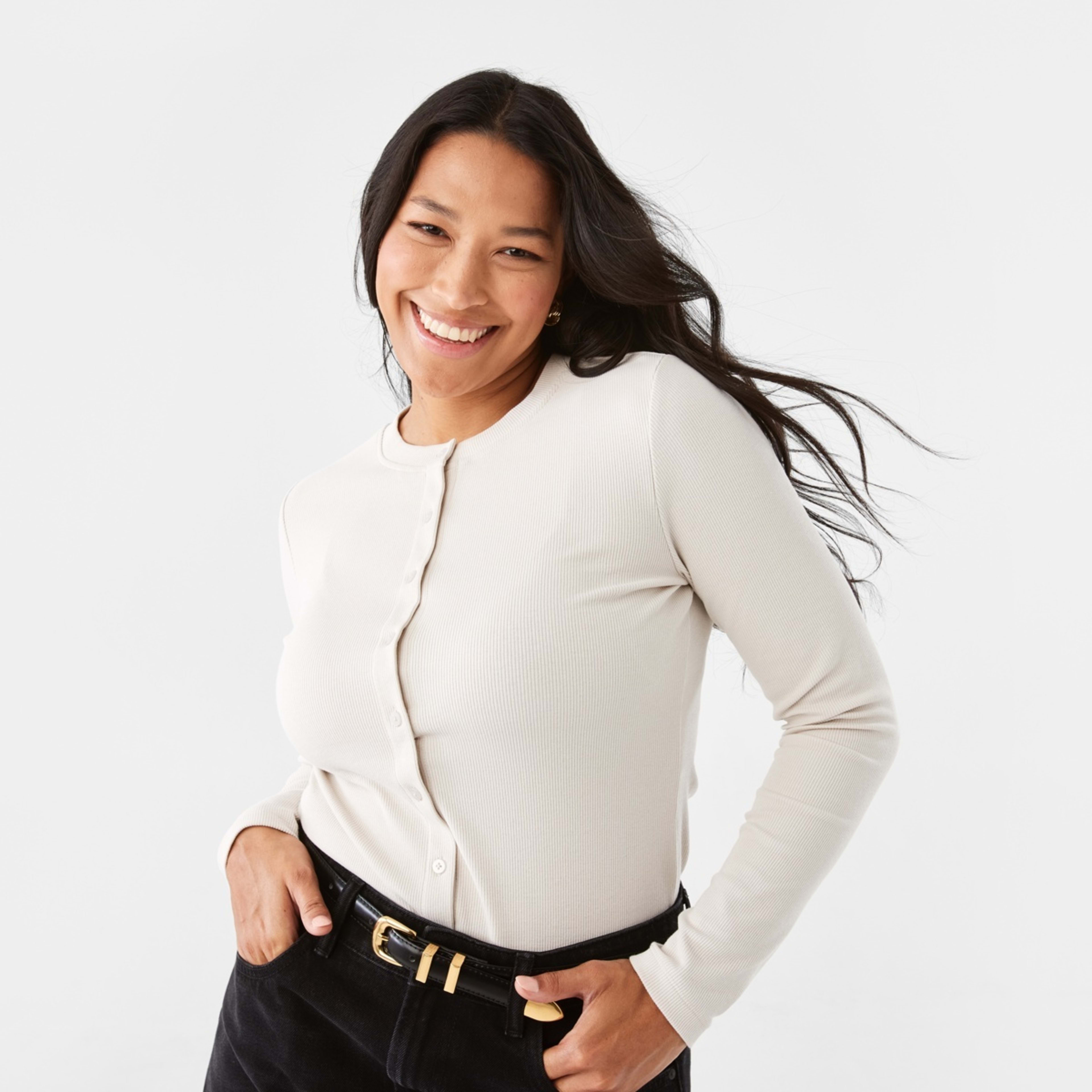 1 Long Sleeve Rib Button Front Top Nat Beige, 1 of 7