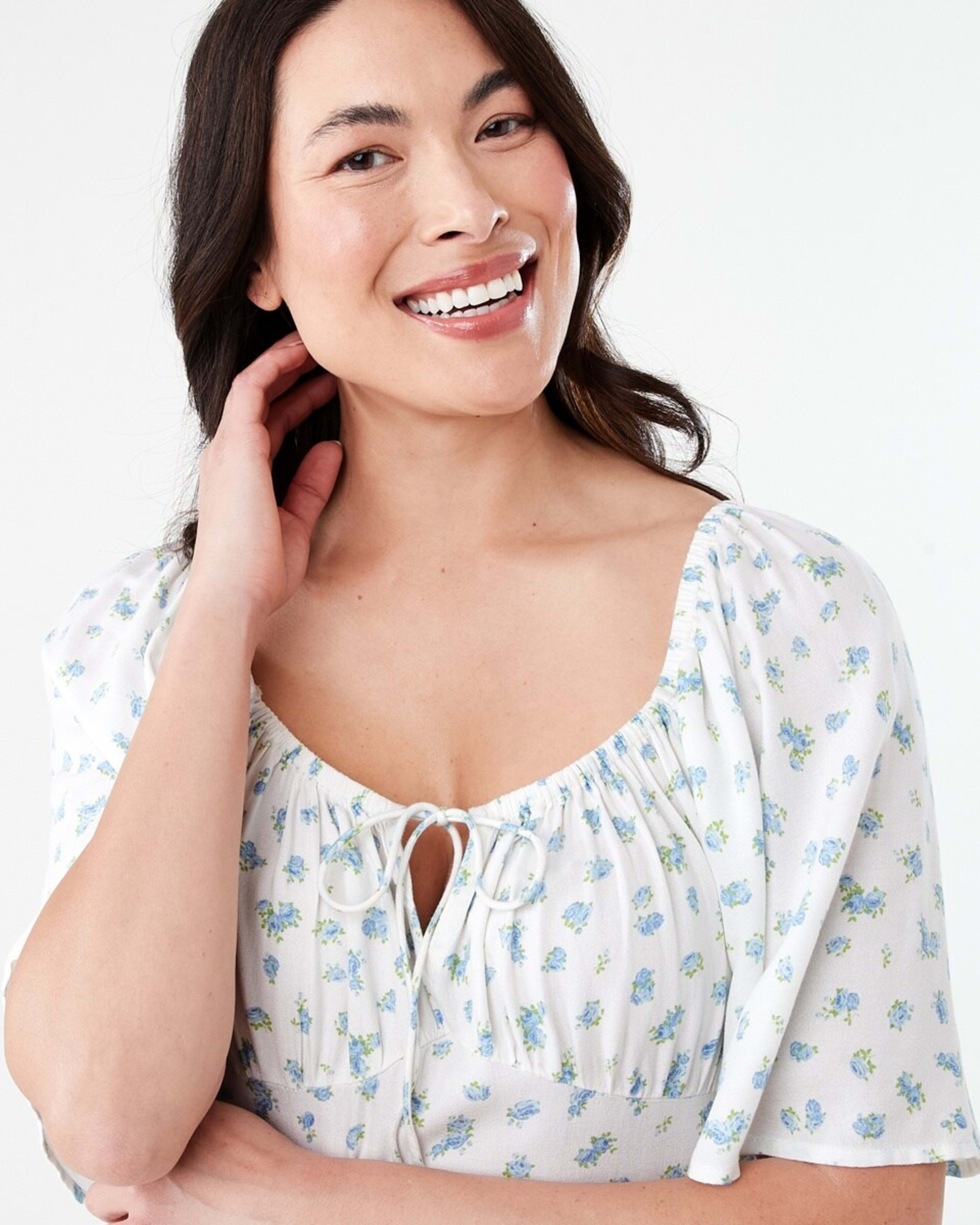 4 Short Sleeve Square Neck Tea Midi Dress DITSY ROSE CLOUD WHITE, 4 of 6