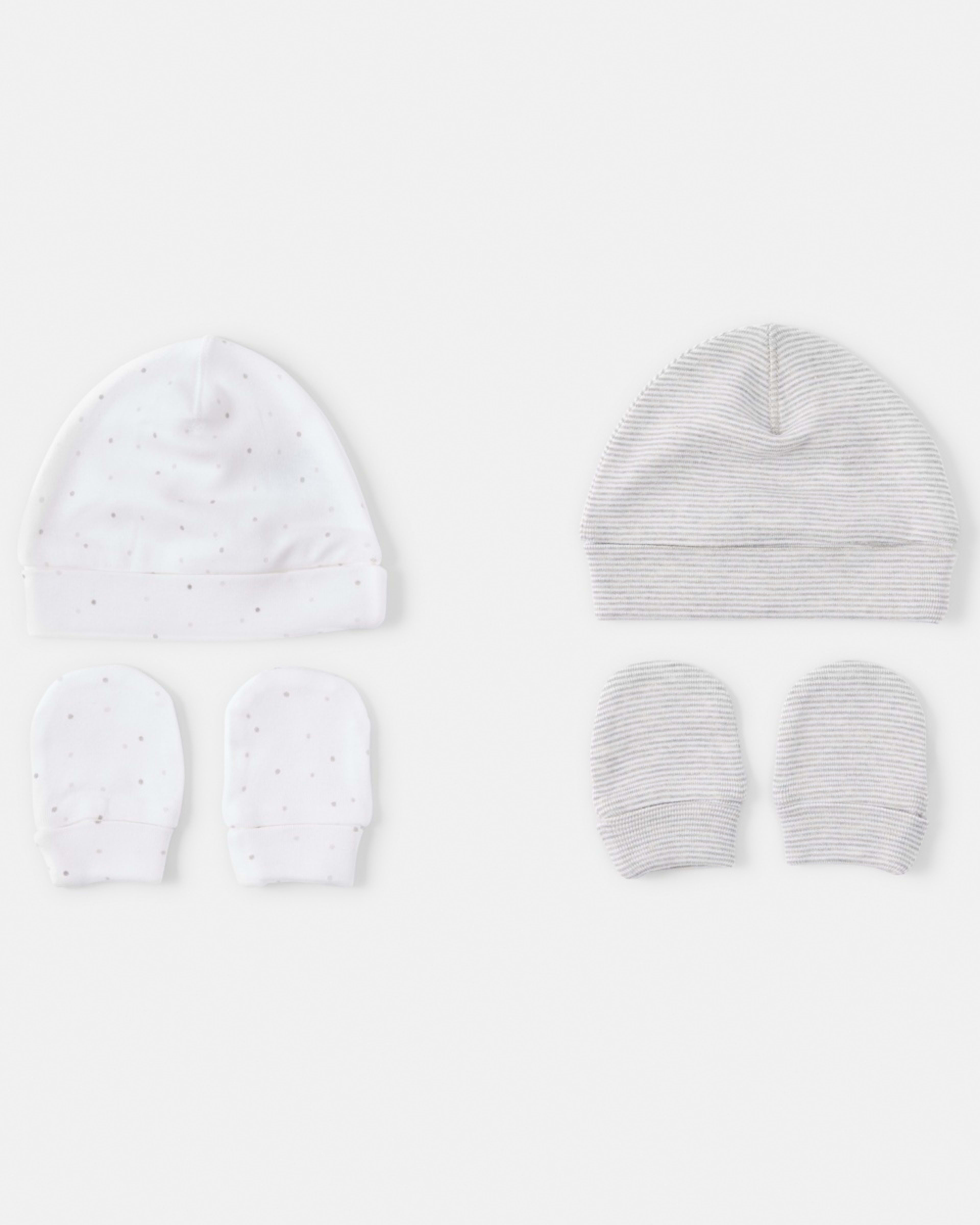 1 2 Pack Newborn Hat and Mittens Set Grey Stripe And Spot, 1 of 8