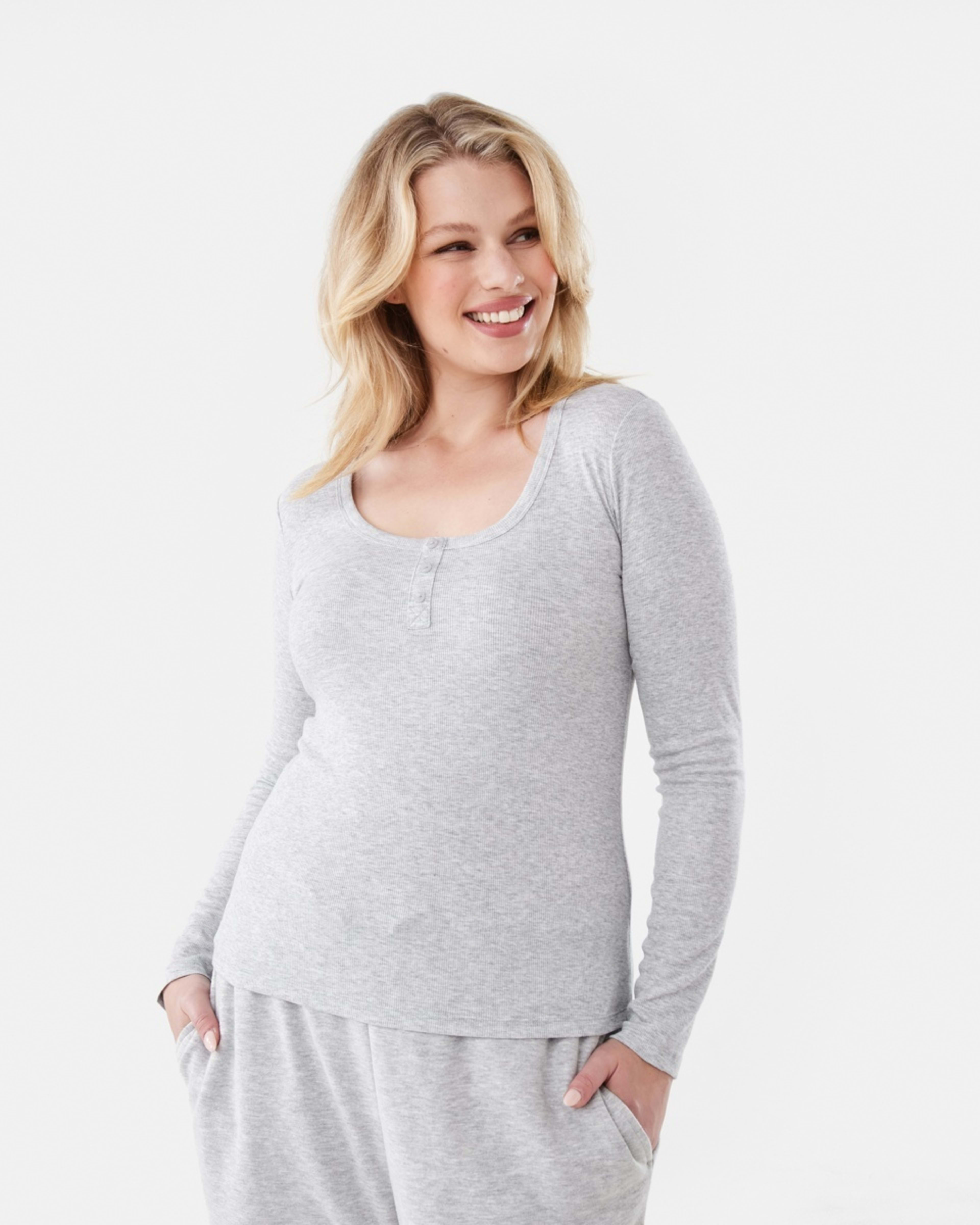 1 Long Sleeve Rib Henley Top Slvr Marle, 1 of 6