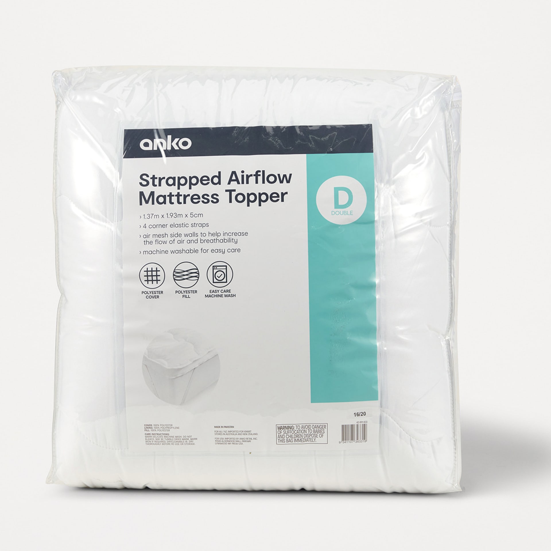 Strapped Airflow Mattress Topper Double Bed, White Kmart