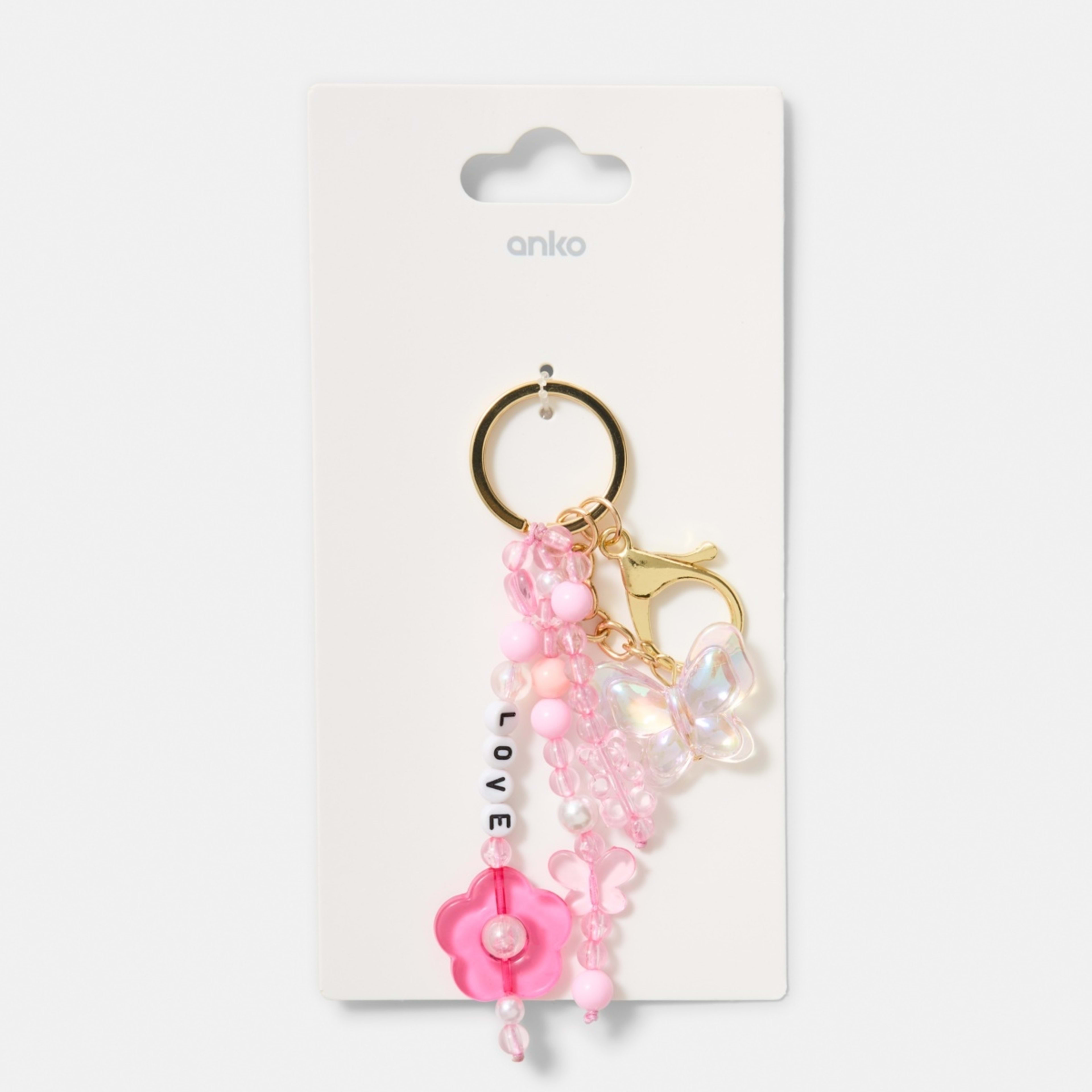 3 Love Bead Charm Keyring - Gold Tone, Pink and White, 3 of 3