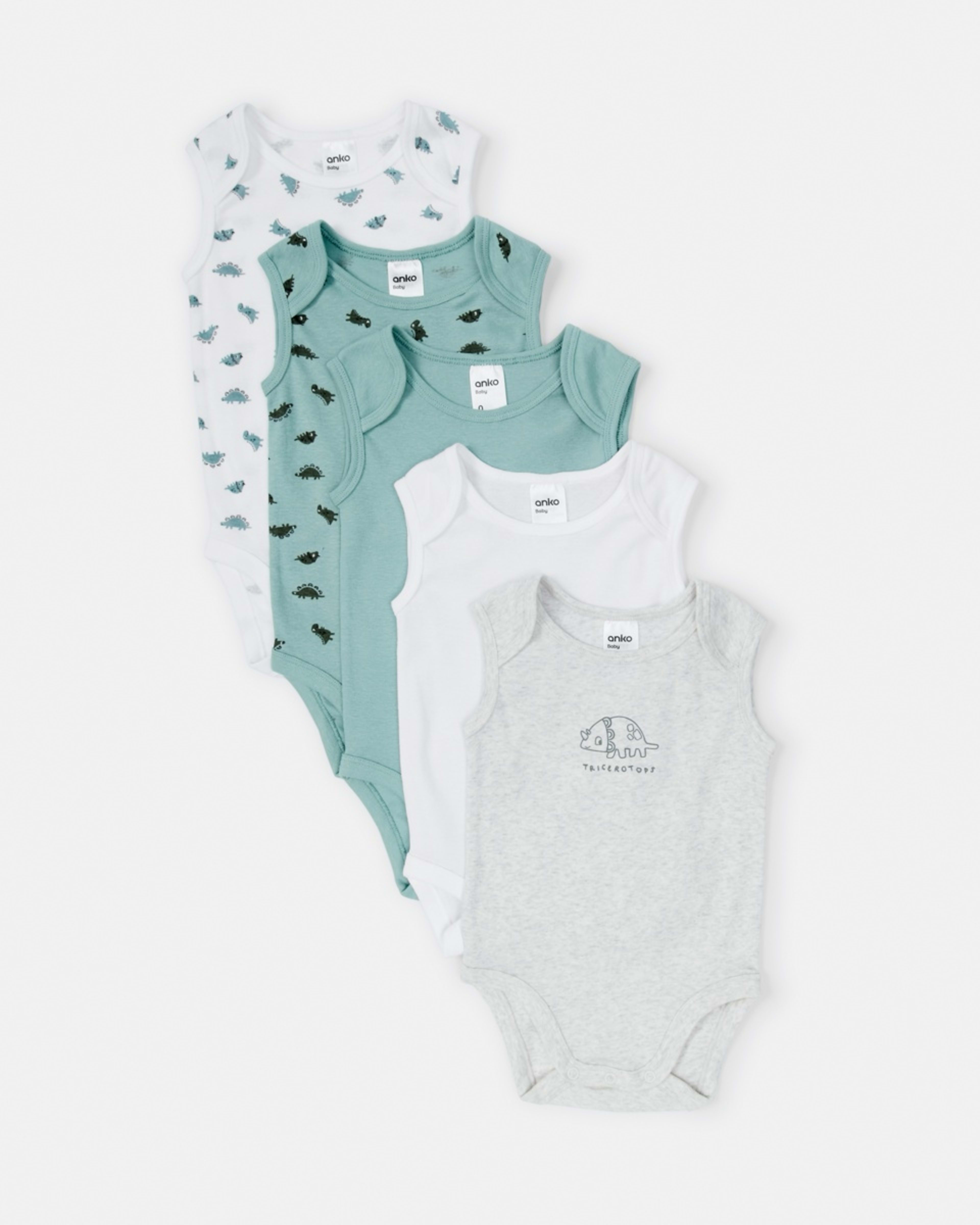 1 5 Pack Sleeveless Bodysuits Dino