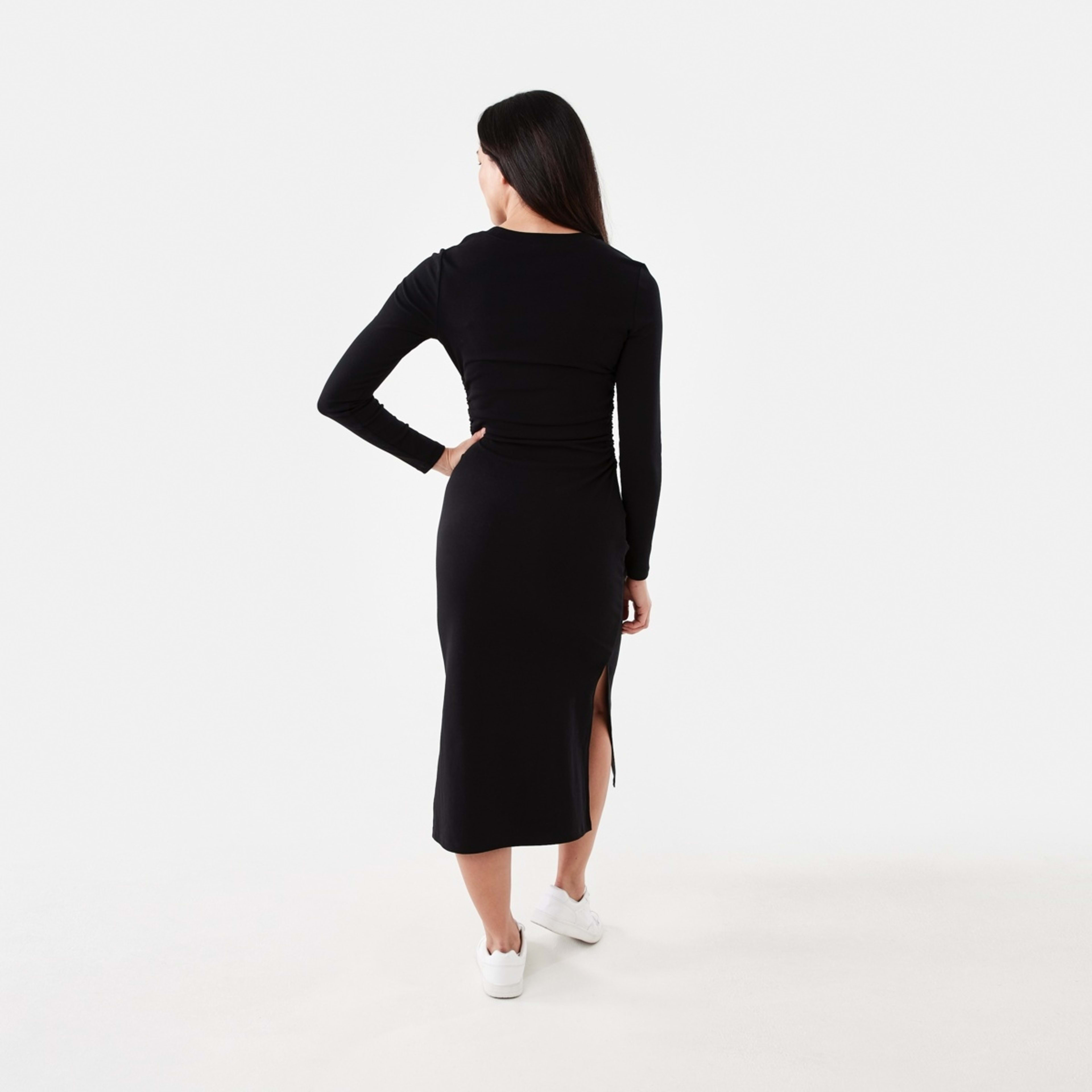 3 Long Sleeve Ruched Midi Dress Black, 3 of 6