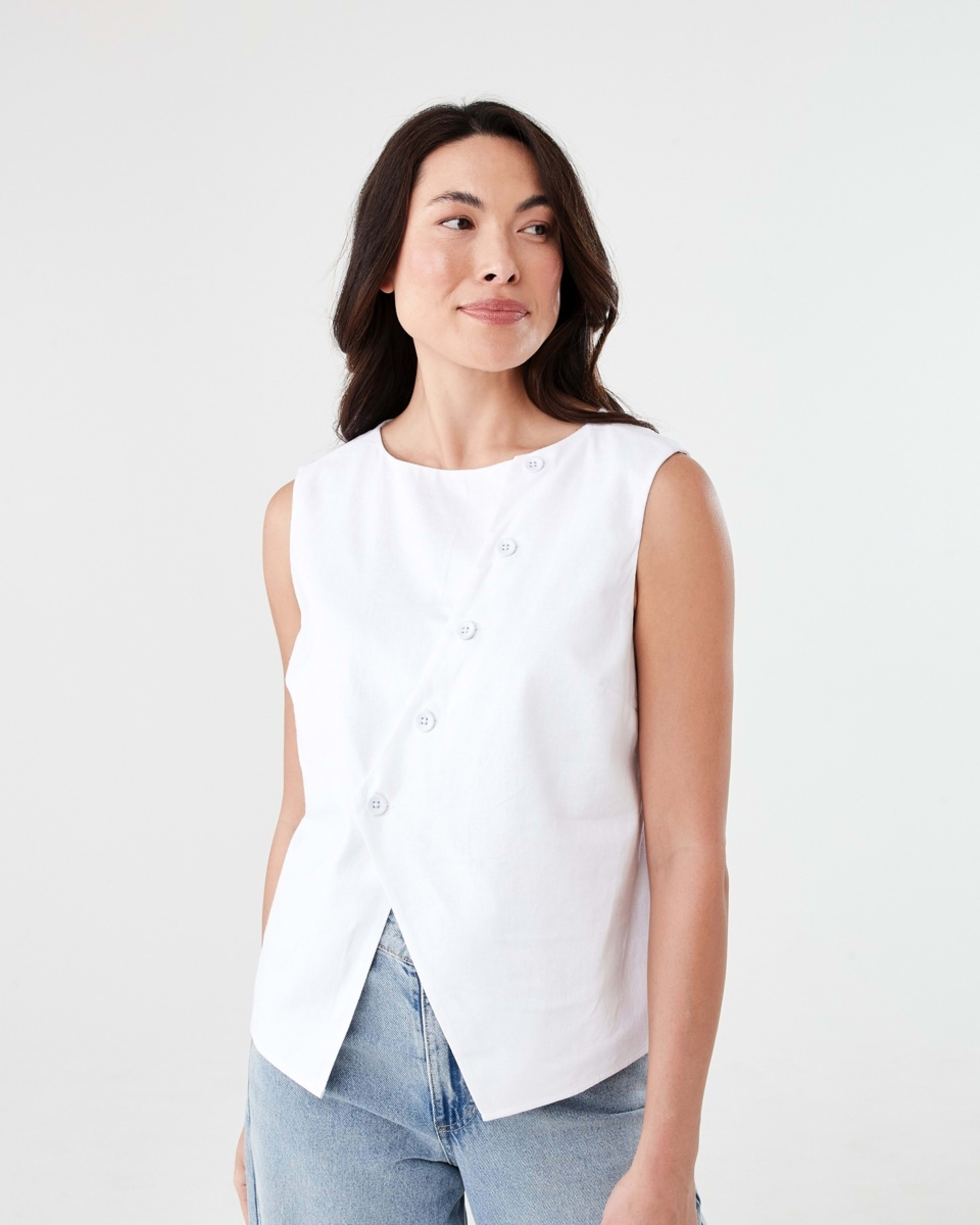 1 Sleeveless Asymmetrical Button Through Vest WHITE