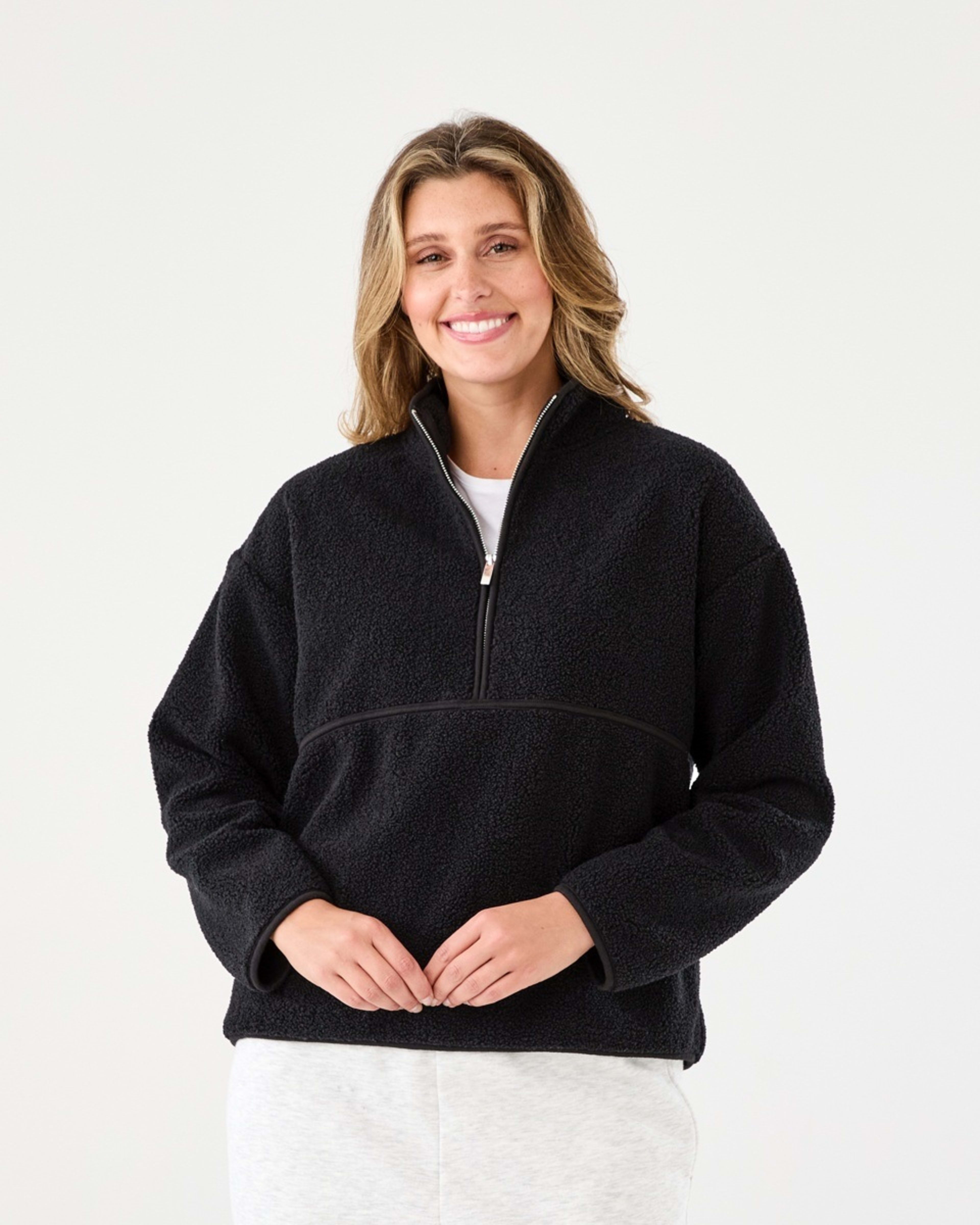 1 Long Sleeve Quarter Zip Through Boucle Sweatshirt Black