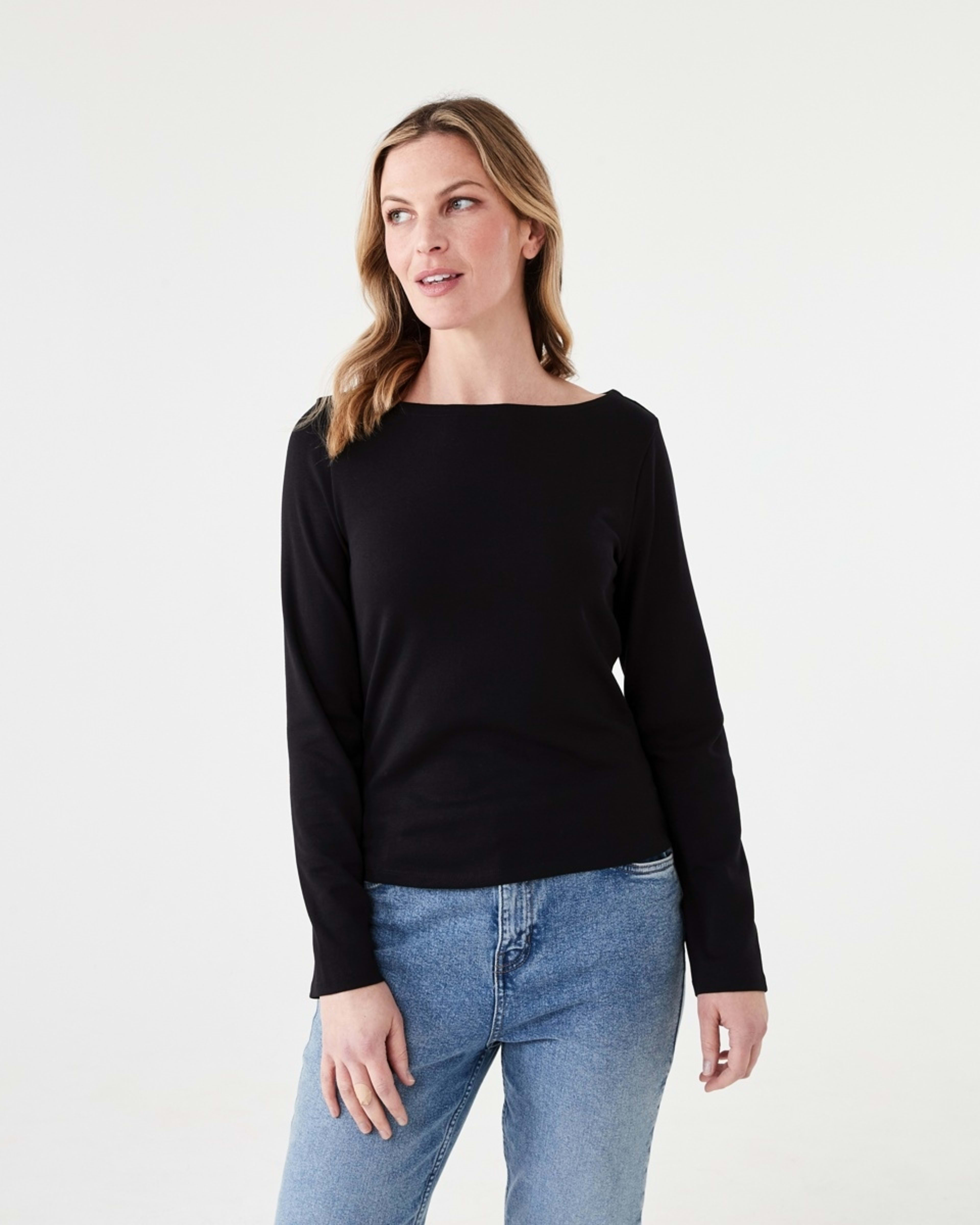 1 Long Sleeve Modal Boat Neck Top BLACK