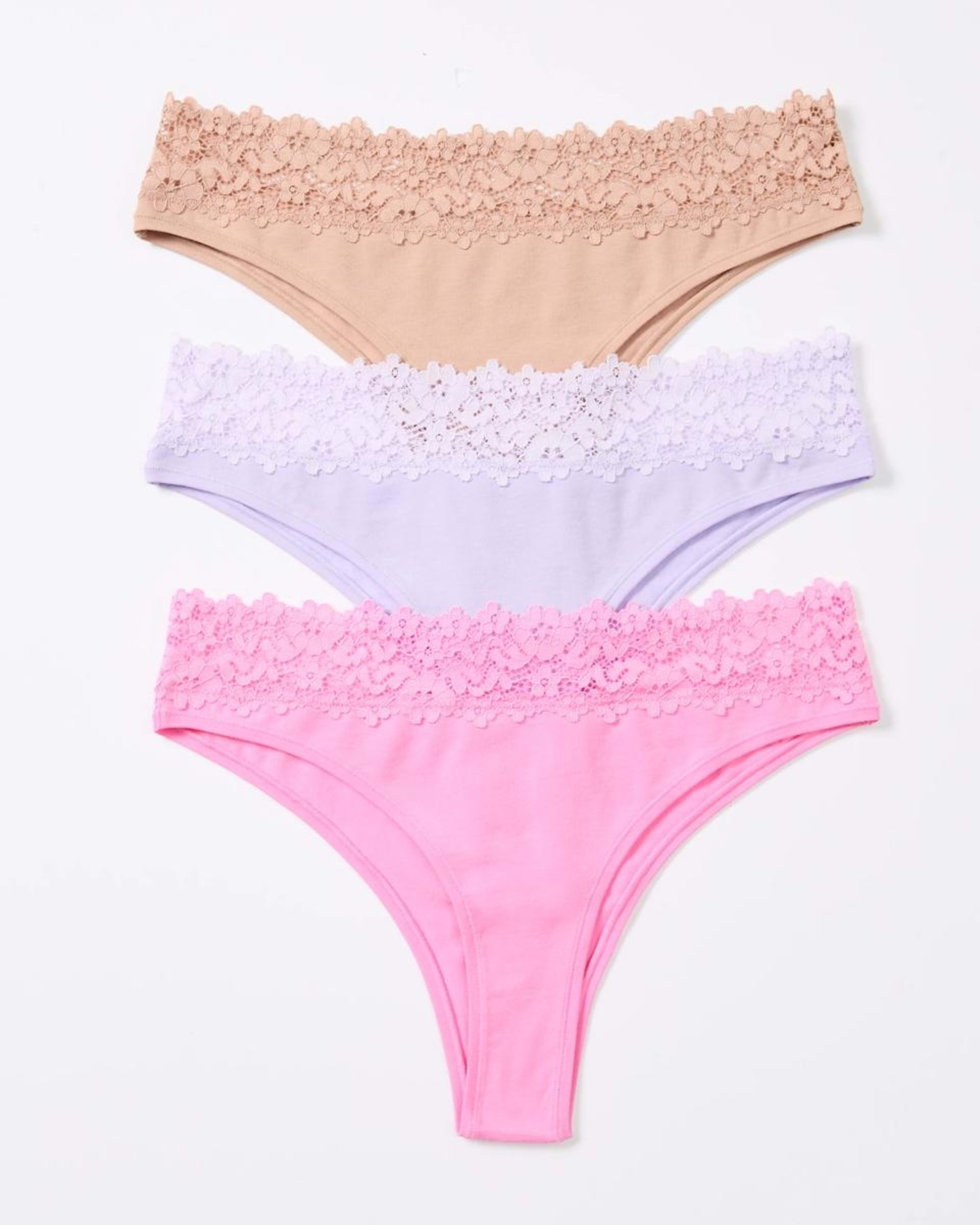 1 3 Pack Cotton Lace Tanga Briefs LIGHT FAWN, BRIGHT LAVENDER, FAIRY FLOSS