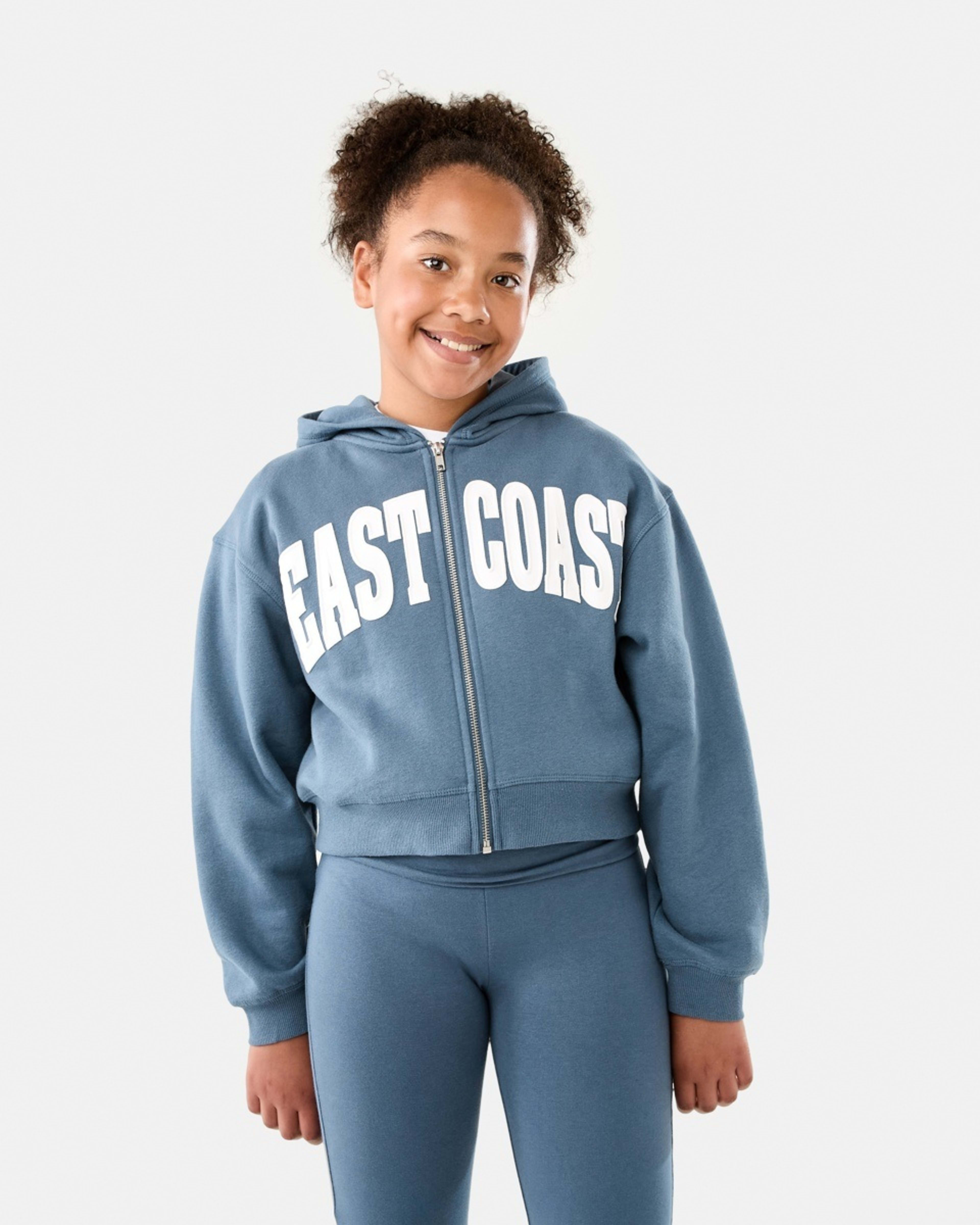 1 Cropped Print Zip Through Hoodie East Coast Washed Denim Blue