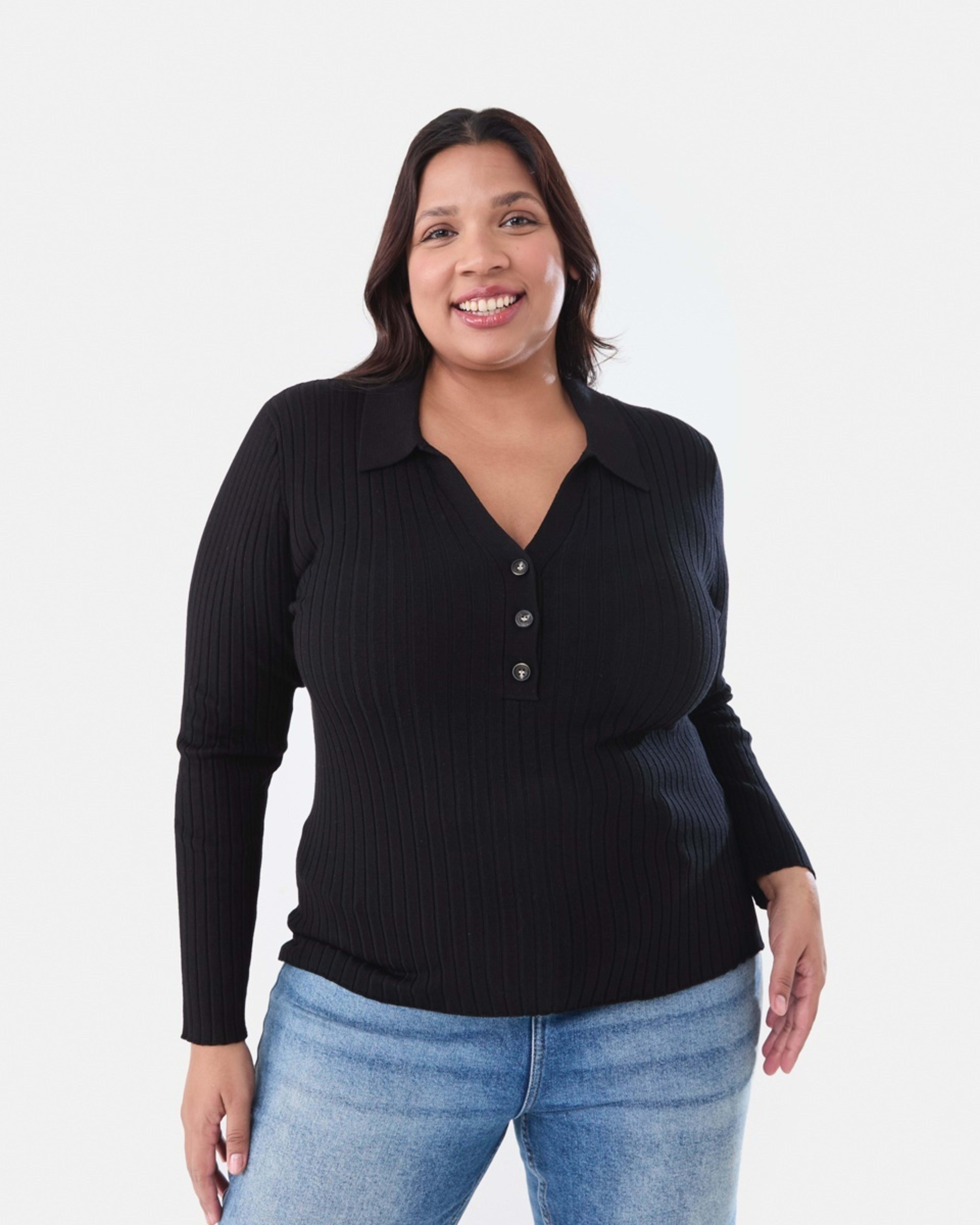 1 Curve Long Sleeve Knit Polo Top Black, 1 of 5