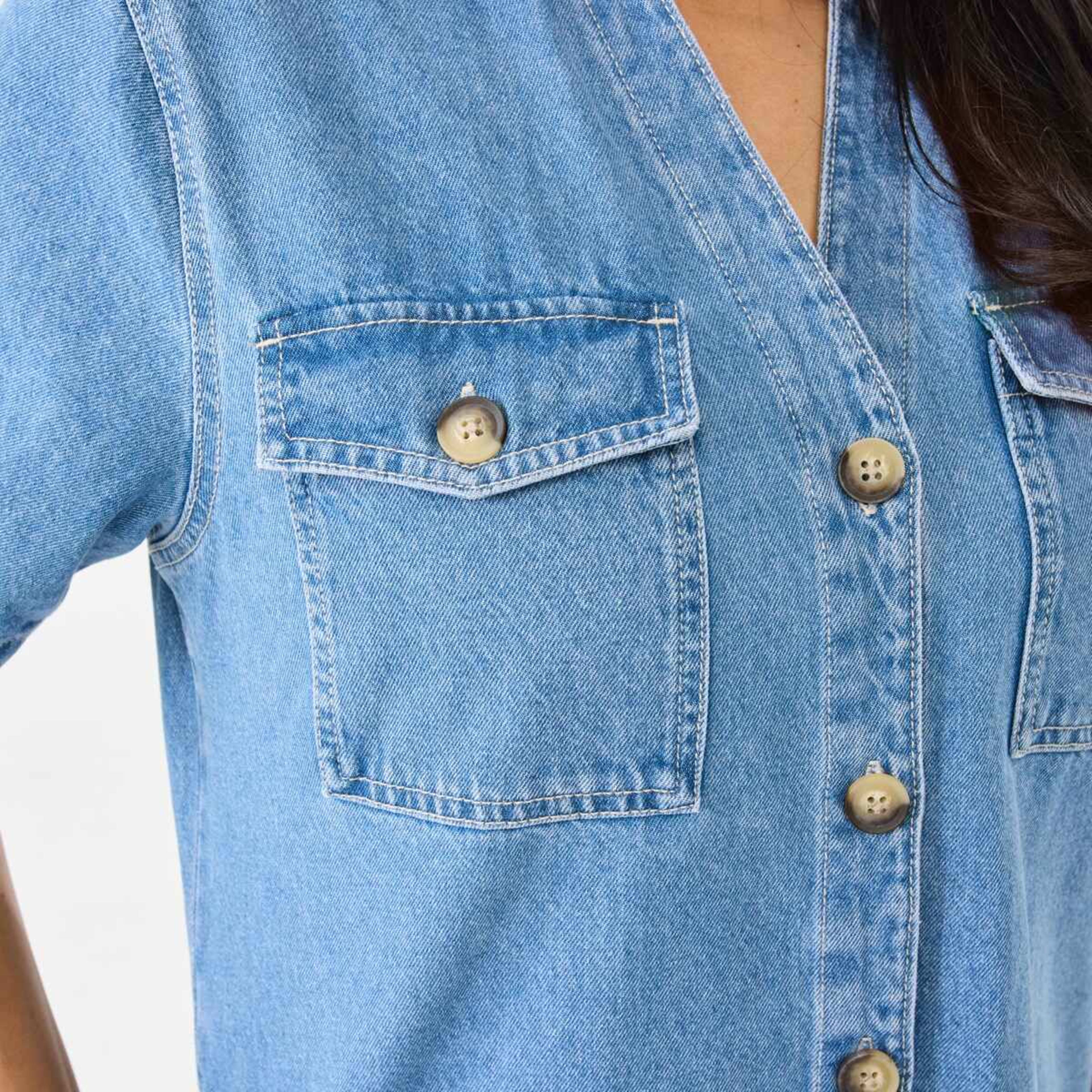 7 Short Sleeve Boxy Denim Mini Dress Light Wash, 7 of 11