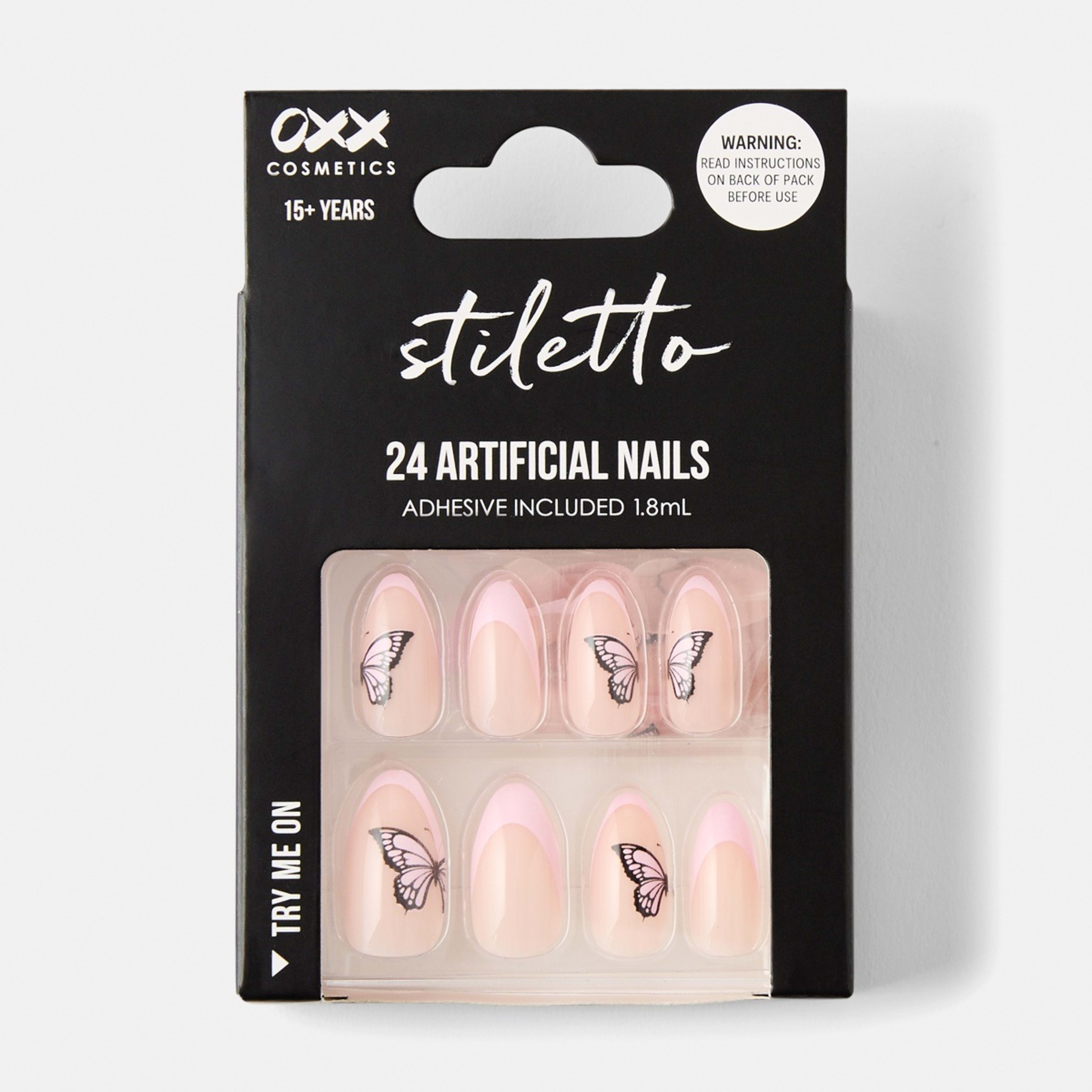 1 OXX Cosmetics 24 Pack Artificial Nails with Adhesive - Stiletto Shape, Butterfly