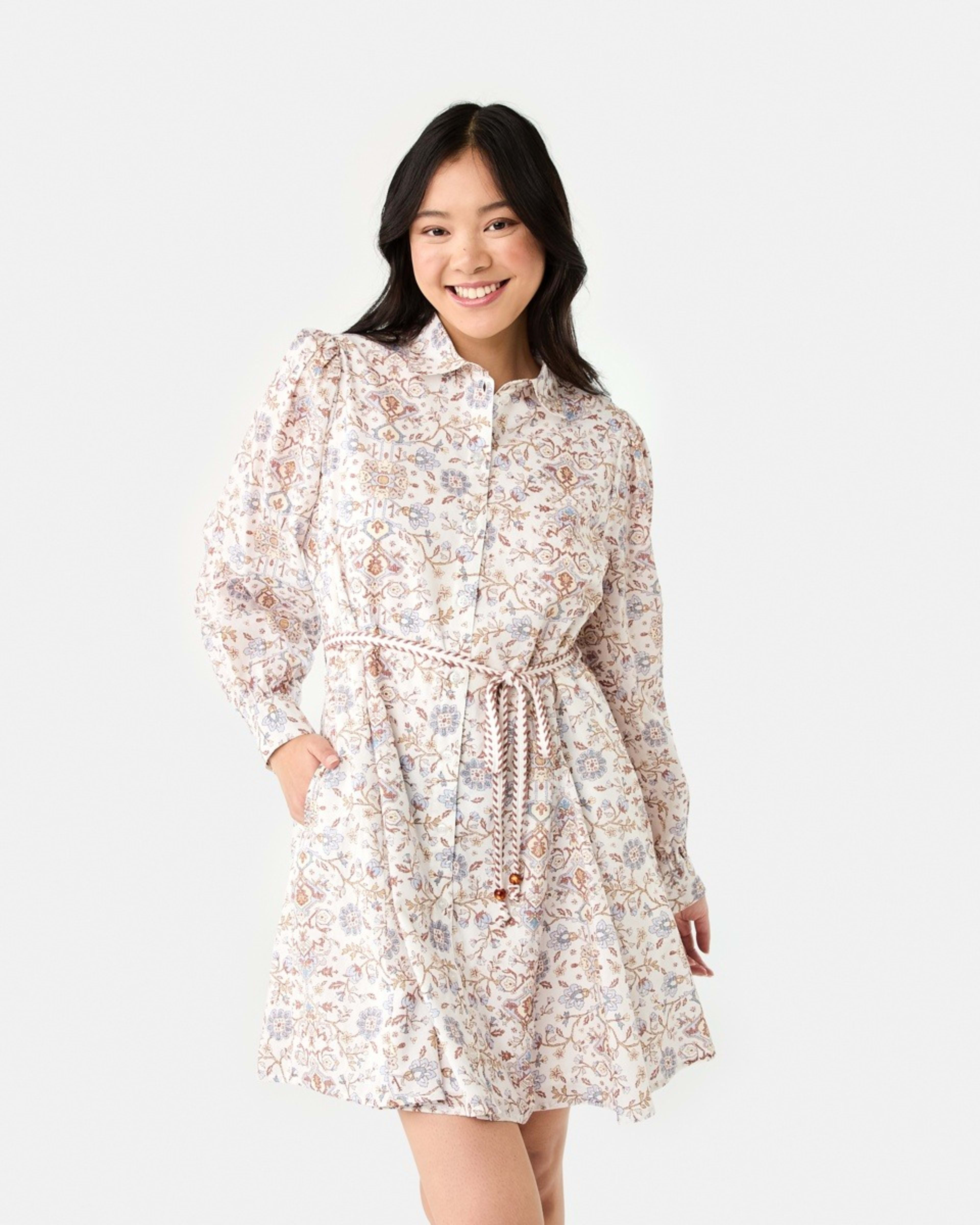 1 Long Balloon Sleeve Tie Waist Mini Dress BOHO FLORAL BRUNI BLUE, 1 of 10