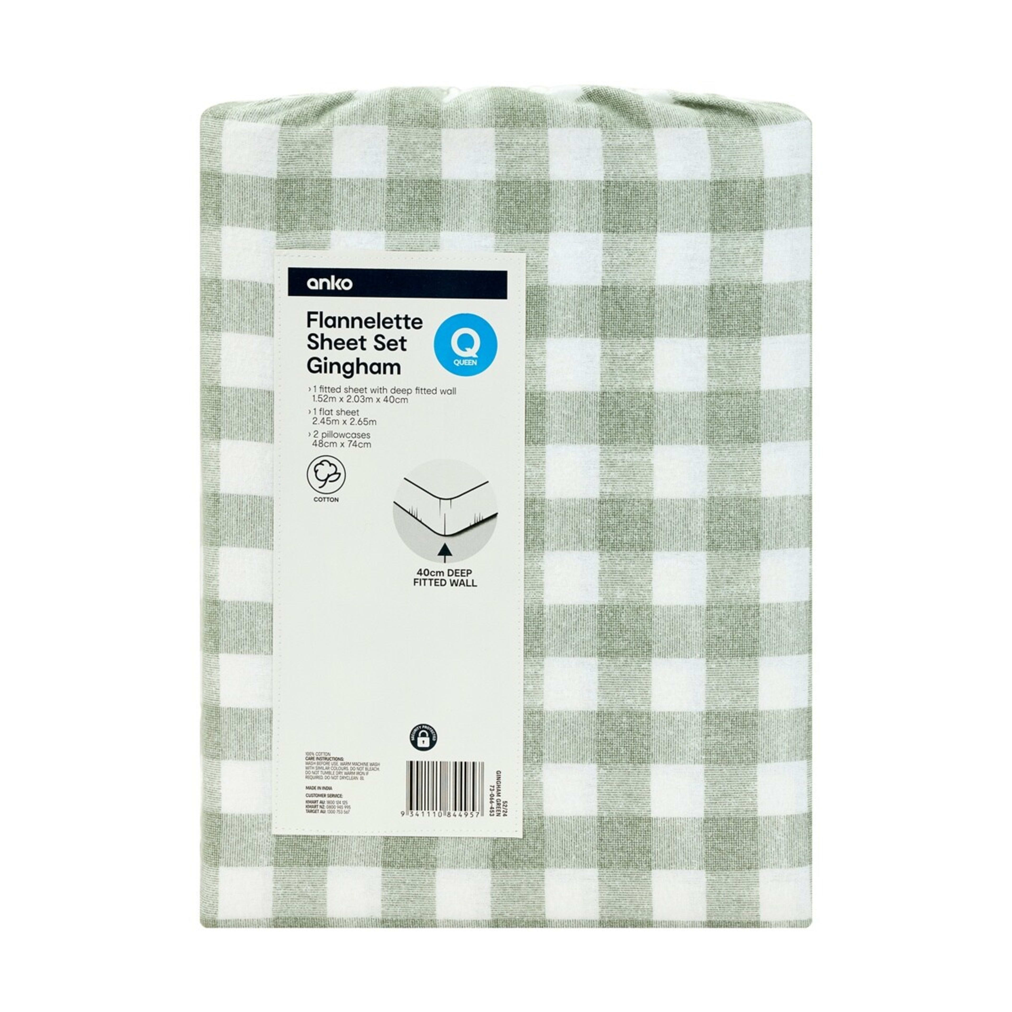 7 Gingham Flannelette Cotton Sheet Set - Queen Bed, Green, 7 of 8