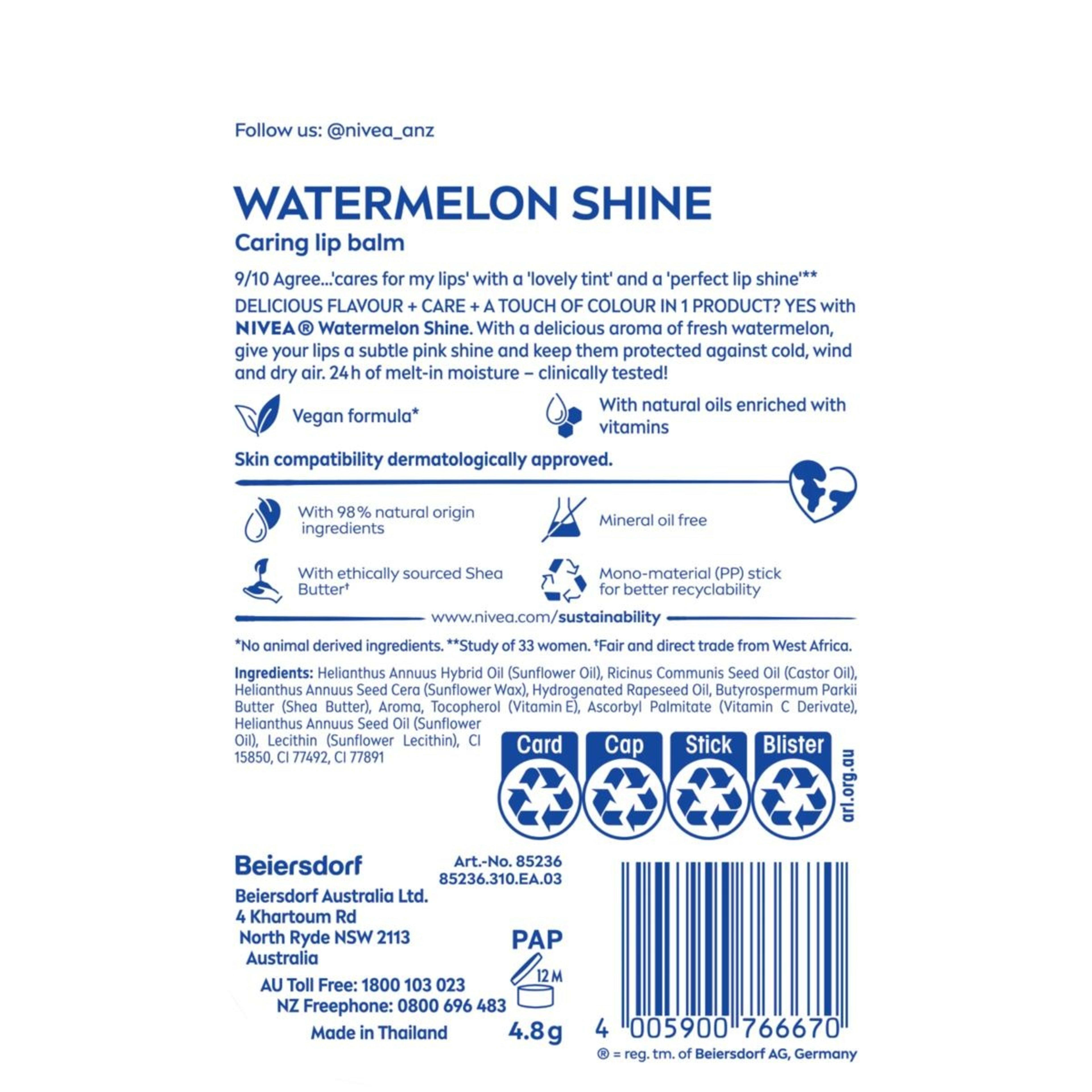 2 Nivea Watermelon Shine Caring Lip Balm 4.8g - Shea Butter and Natural Oils, 2 of 7