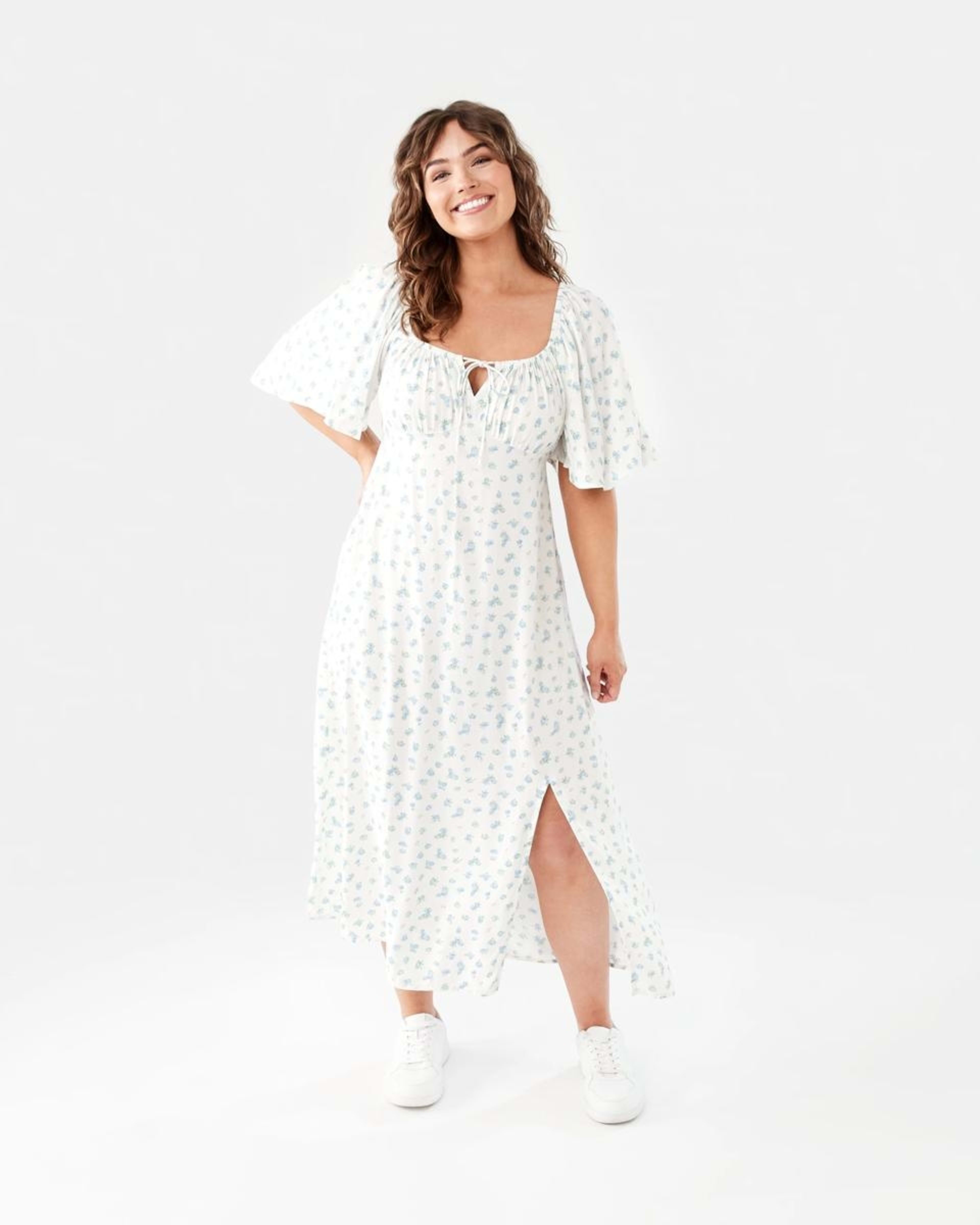 1 Short Sleeve Square Neck Tea Midi Dress DITSY ROSE CLOUD WHITE, 1 of 8