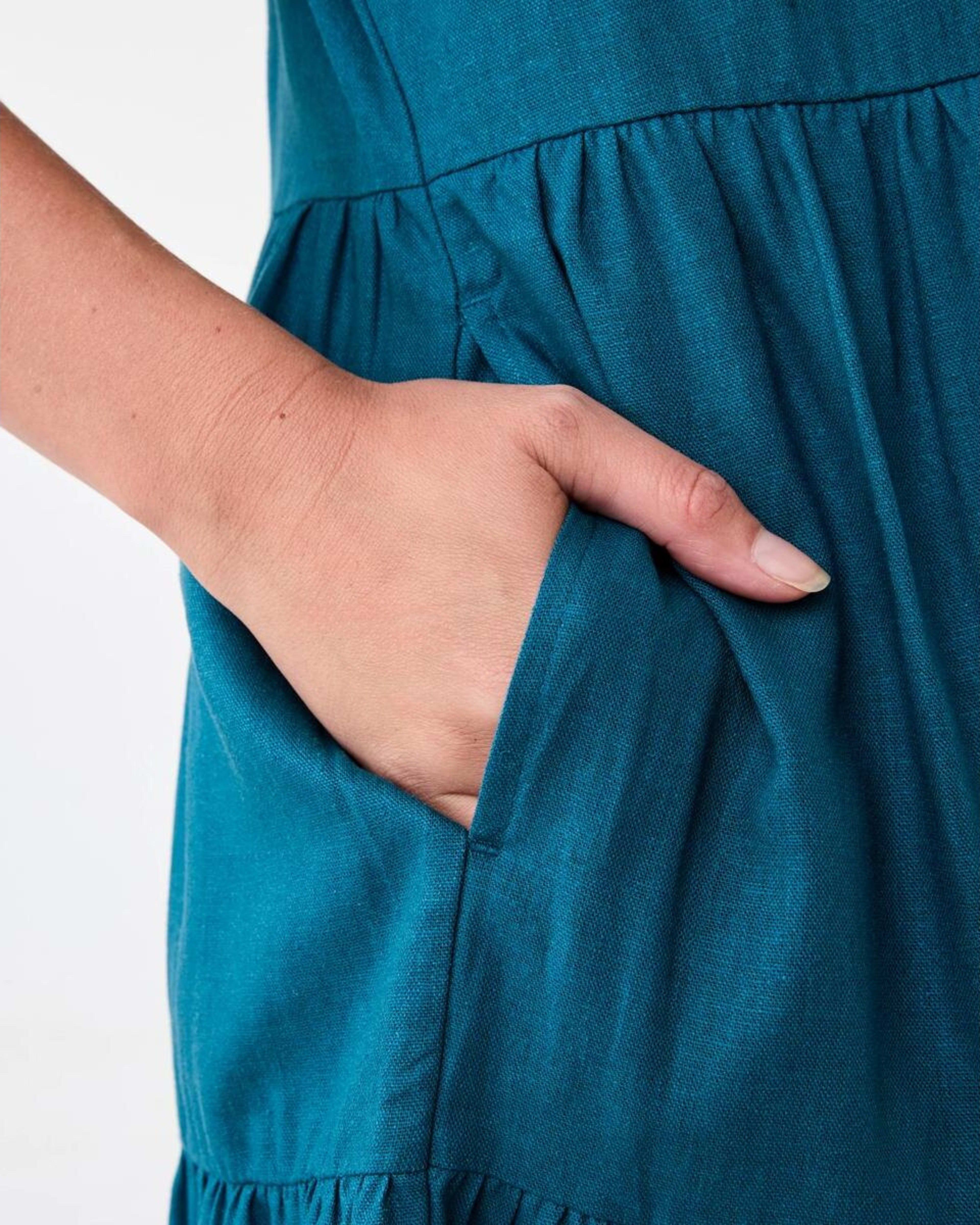 5 Short Sleeve Linen Blend Tiered Mini Dress Teal Coral, 5 of 9