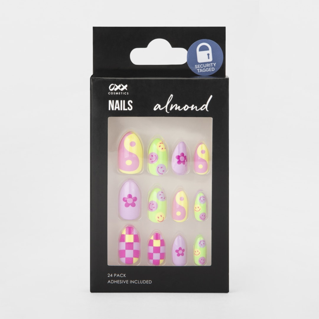 OXX Cosmetics 24 Pack False Nails with Adhesive Almond Shape, Bright