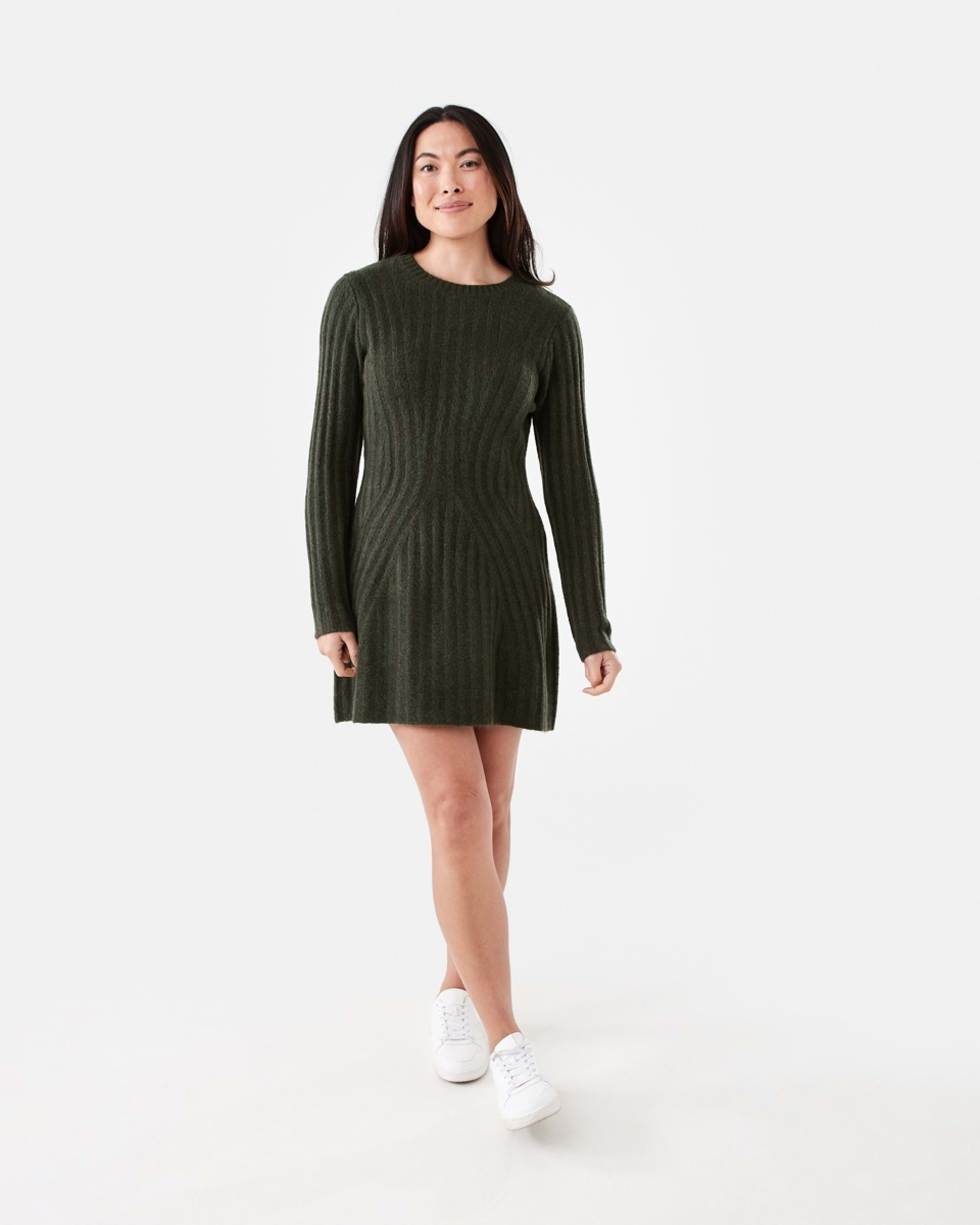 6 Long Sleeve Rib True Knit Skater Mini Dress Cargo Grn, 6 of 6
