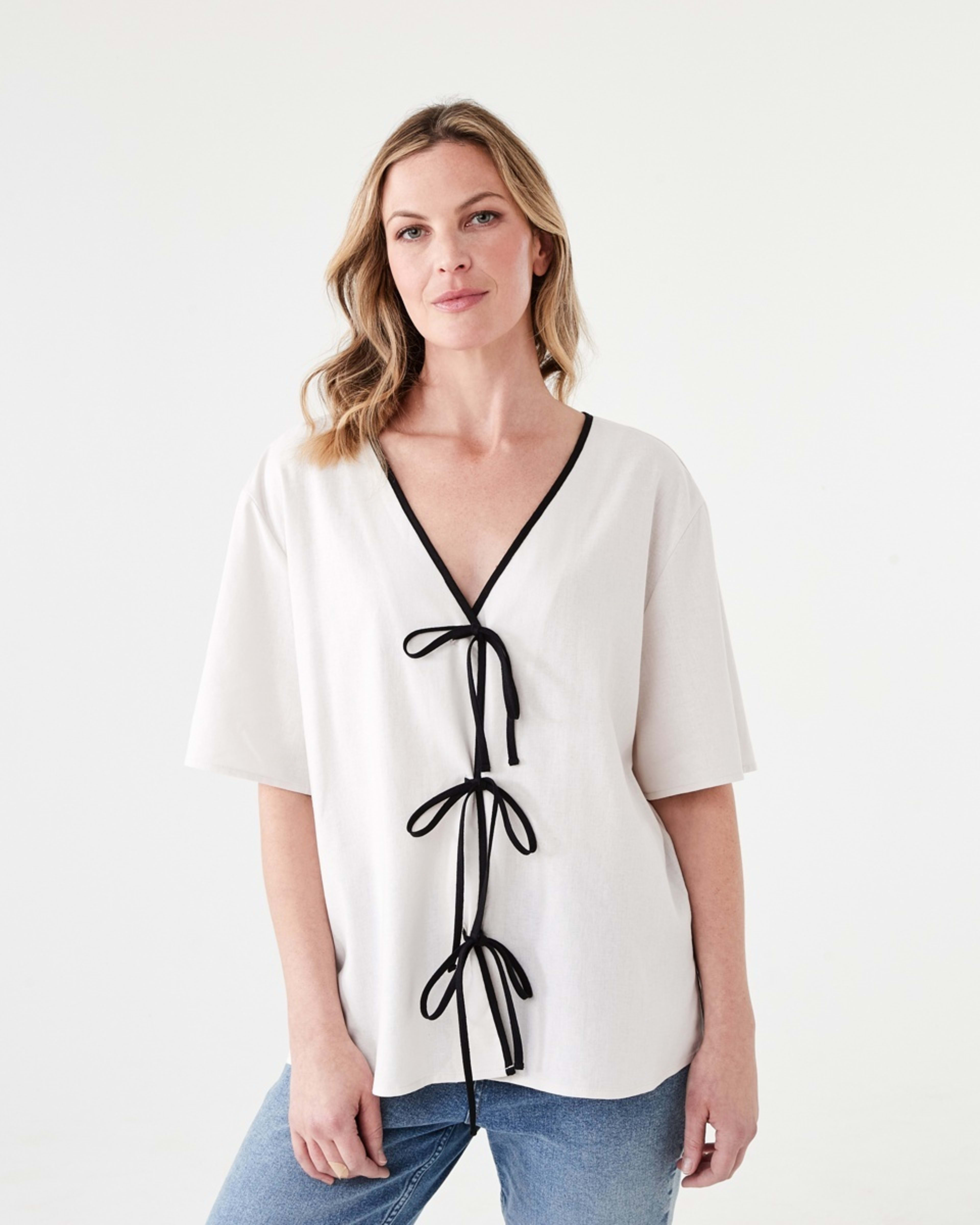 1 Short Sleeve Tie Front Top NATURAL BEIGE, 1 of 6