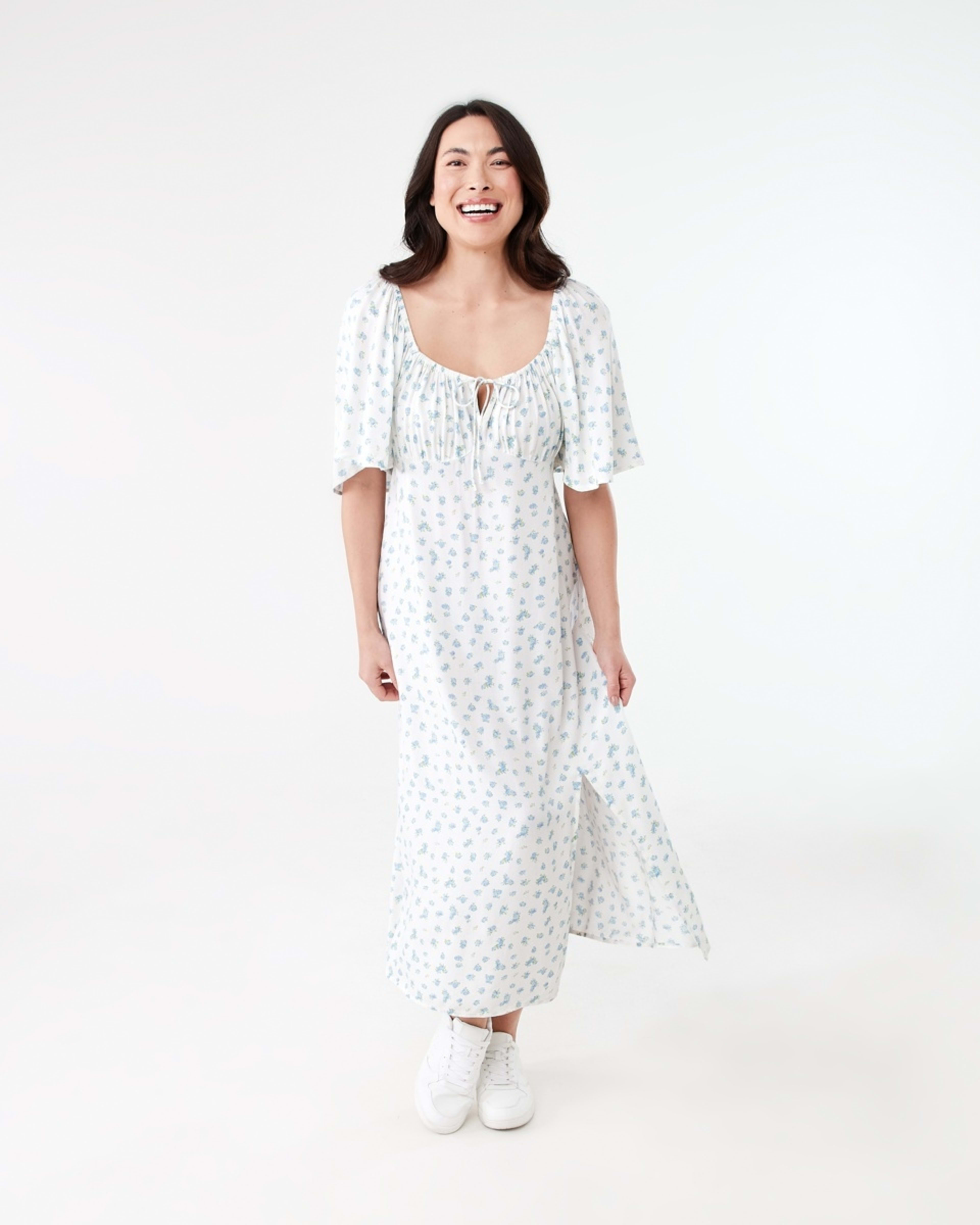 1 Short Sleeve Square Neck Tea Midi Dress DITSY ROSE CLOUD WHITE, 1 of 6