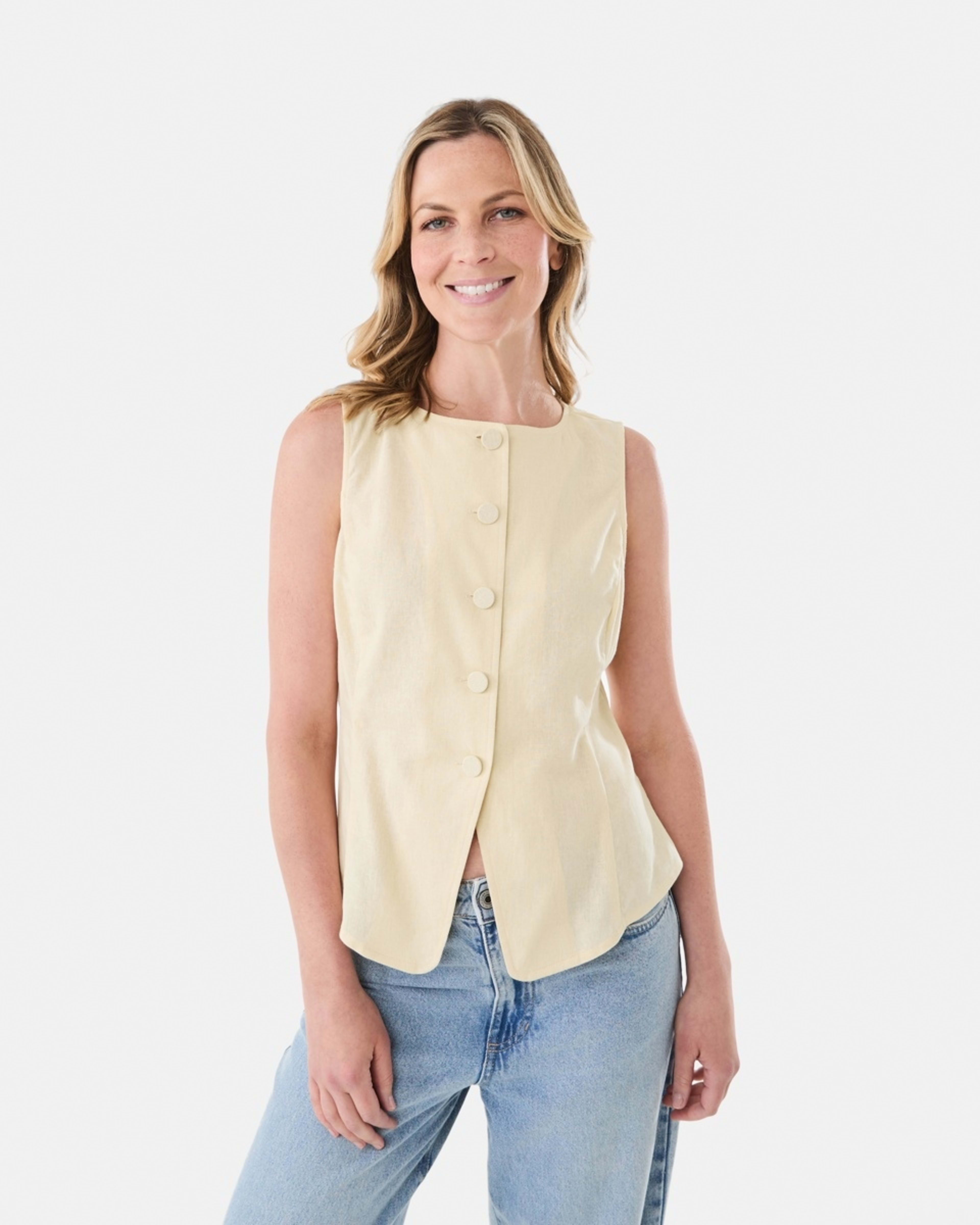 1 Sleeveless Crew Neck Linen Blend Waistcoat Ylw Straw, 1 of 6