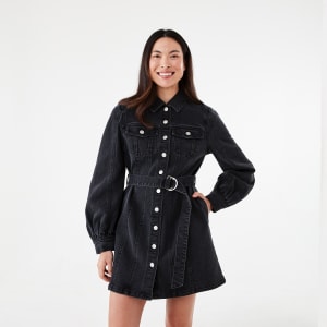 Long Sleeve Belted Denim Mini Dress