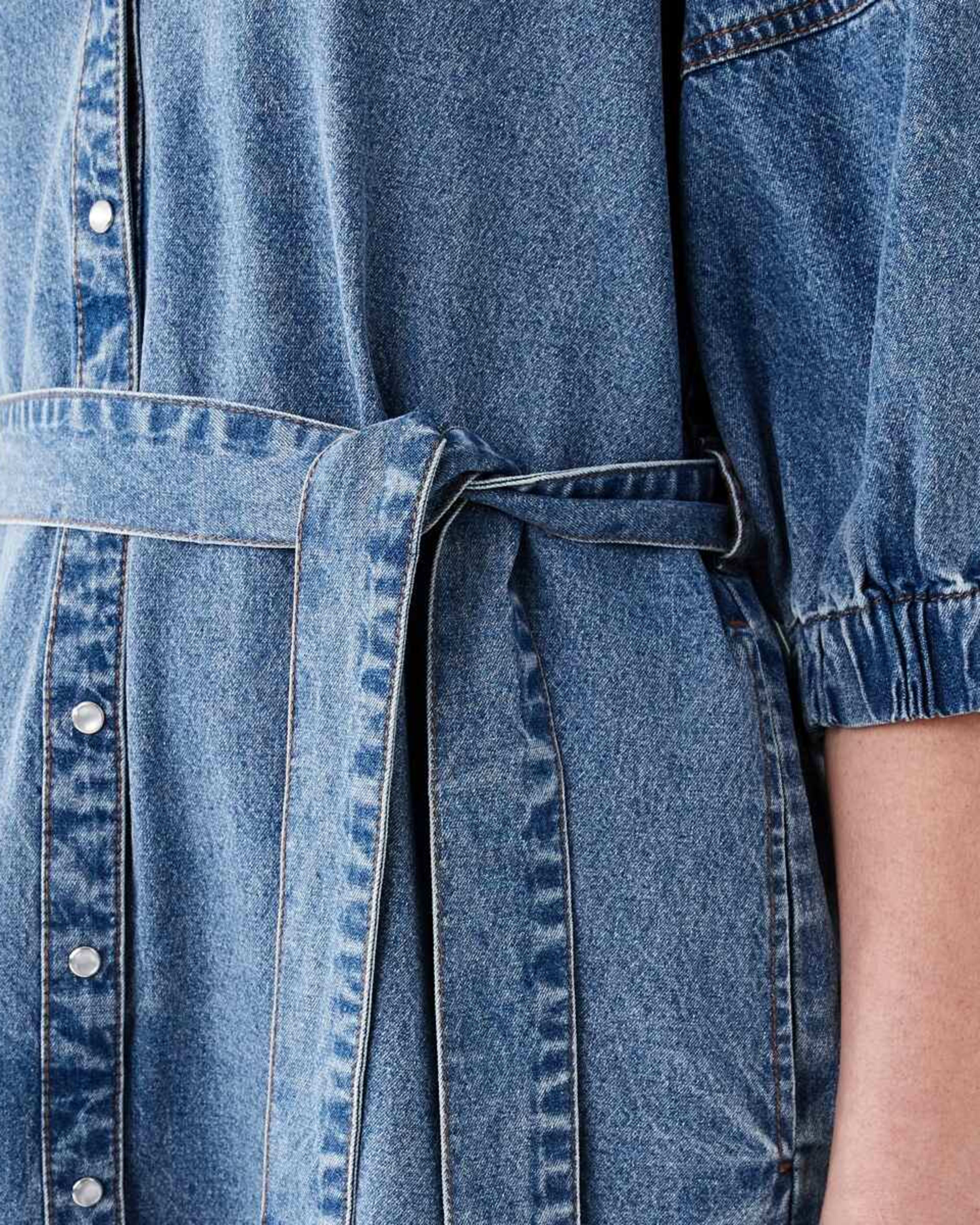 5 Short Sleeve Denim Puff Sleeve Mini Dress LIGHT DENIM WASH, 5 of 6