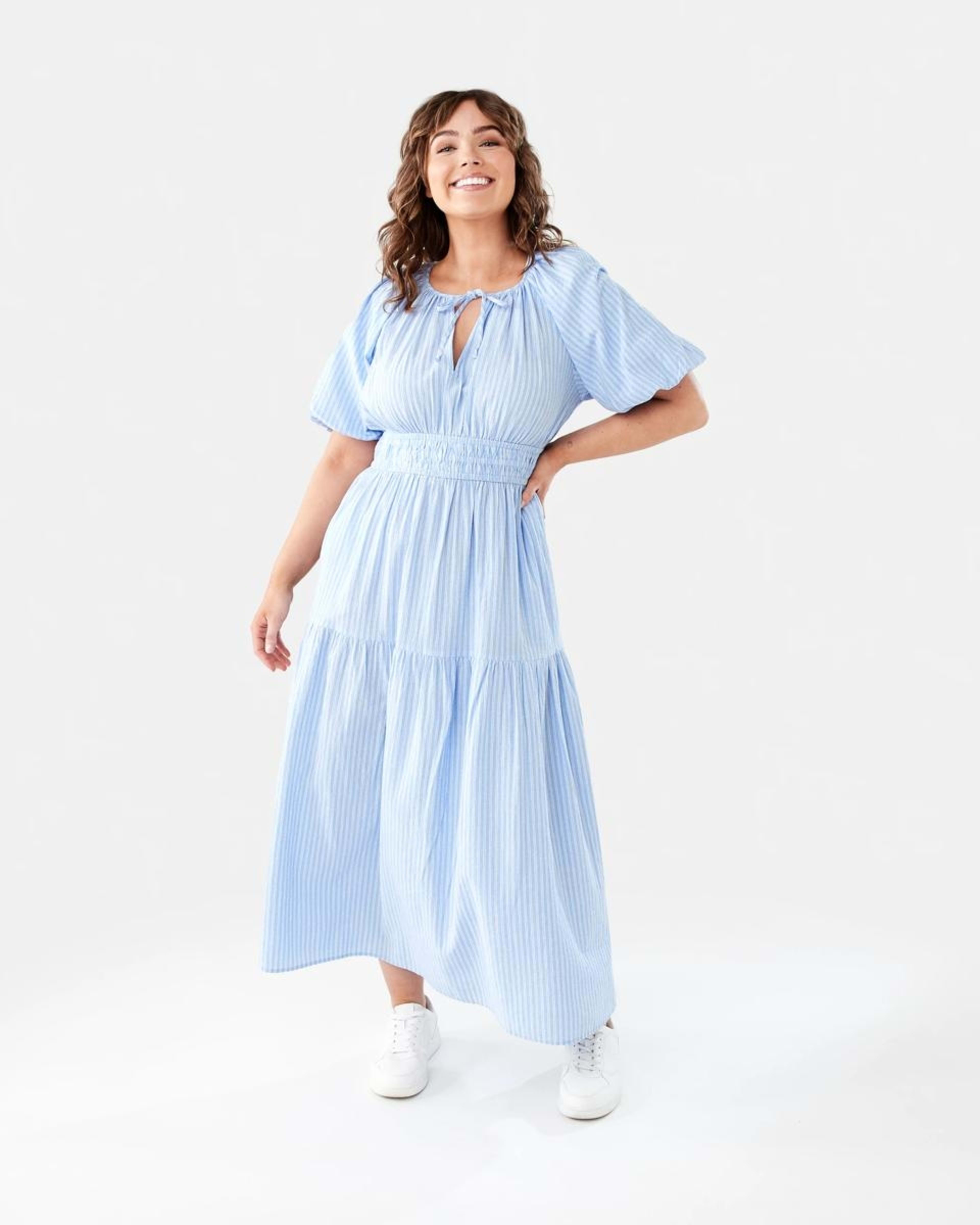 1 Short Sleeve Shirred Waist Midi Dress DANI STRP BRUNI BLUE, 1 of 9
