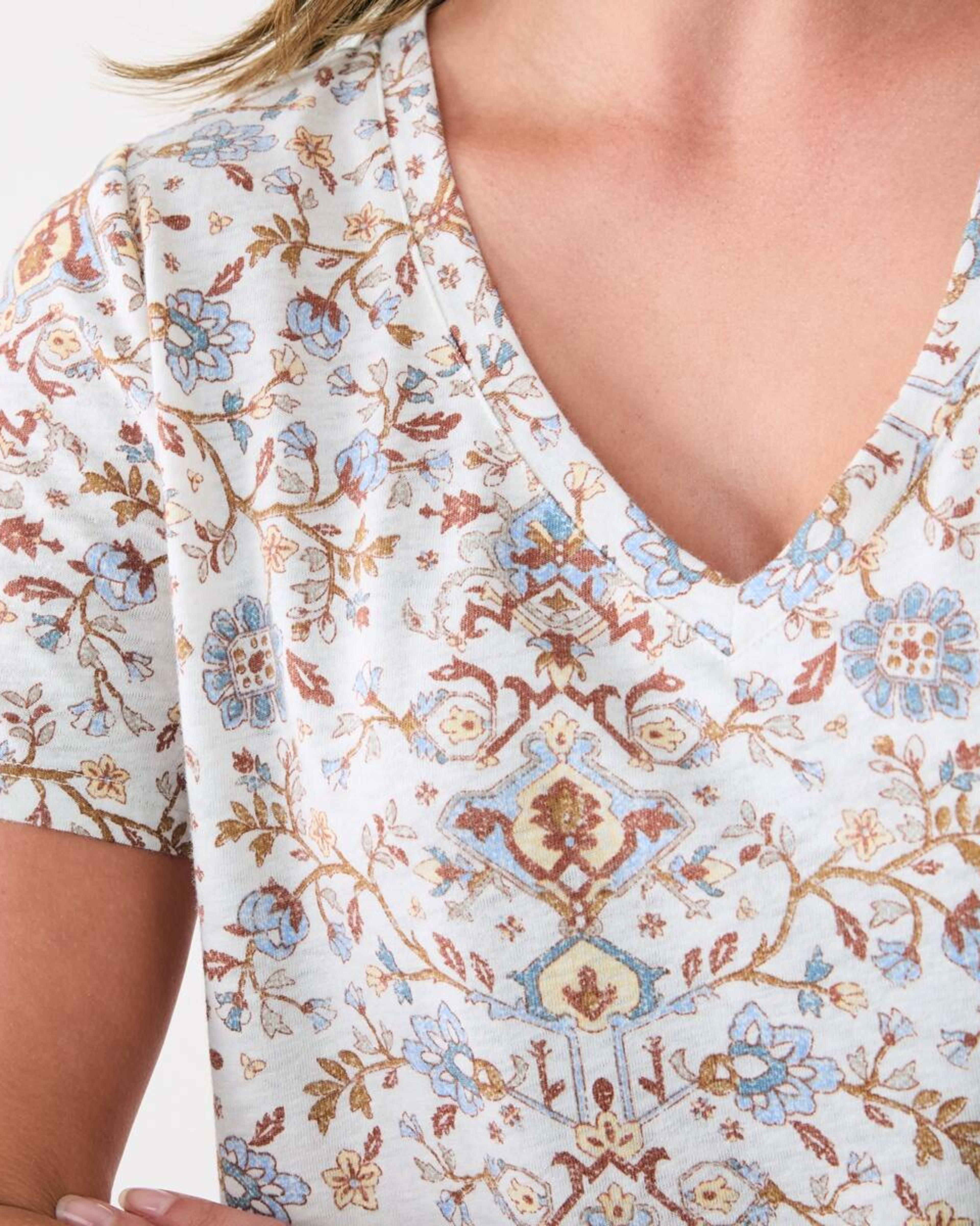 5 Short Sleeve Linen Blend V-Neck T-shirt BOHO FLORAL BRUNI BLUE, 5 of 5