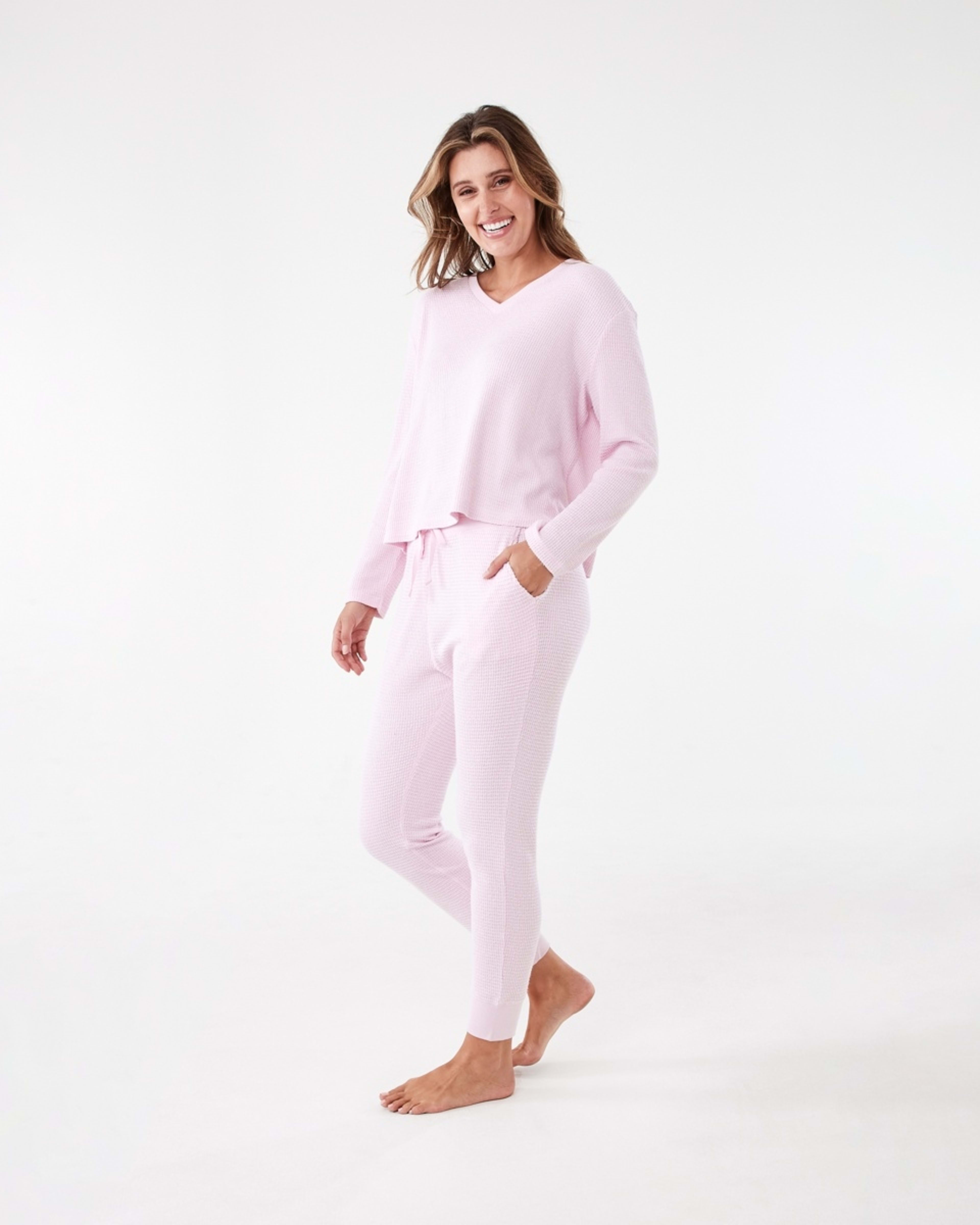 2 Waffle Long Sleeve Top and Pants Lounge Pyjama Set Pink Marle, 2 of 7