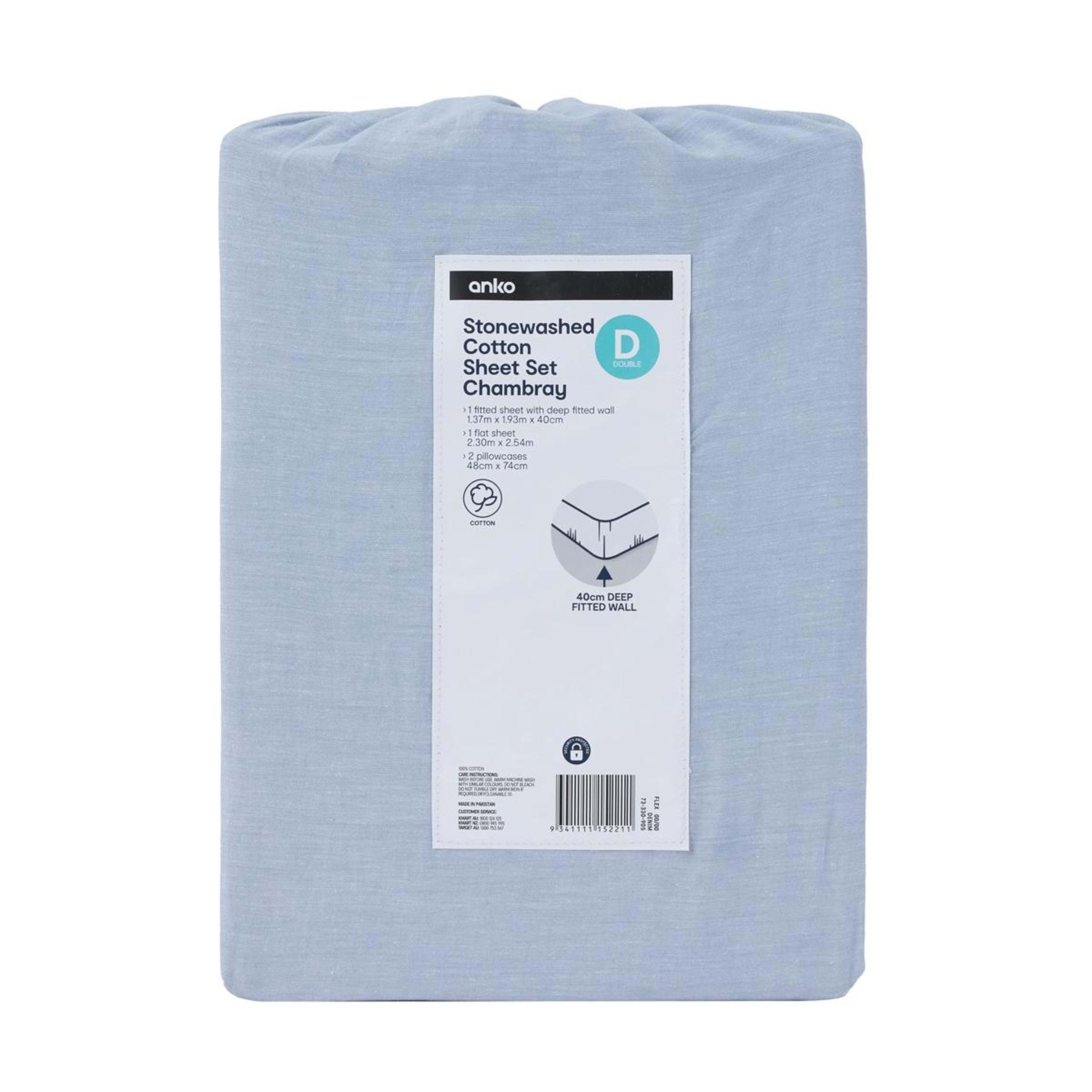 7 Stonewashed Chambray Cotton Sheet Set - Double Bed, Denim, 7 of 7