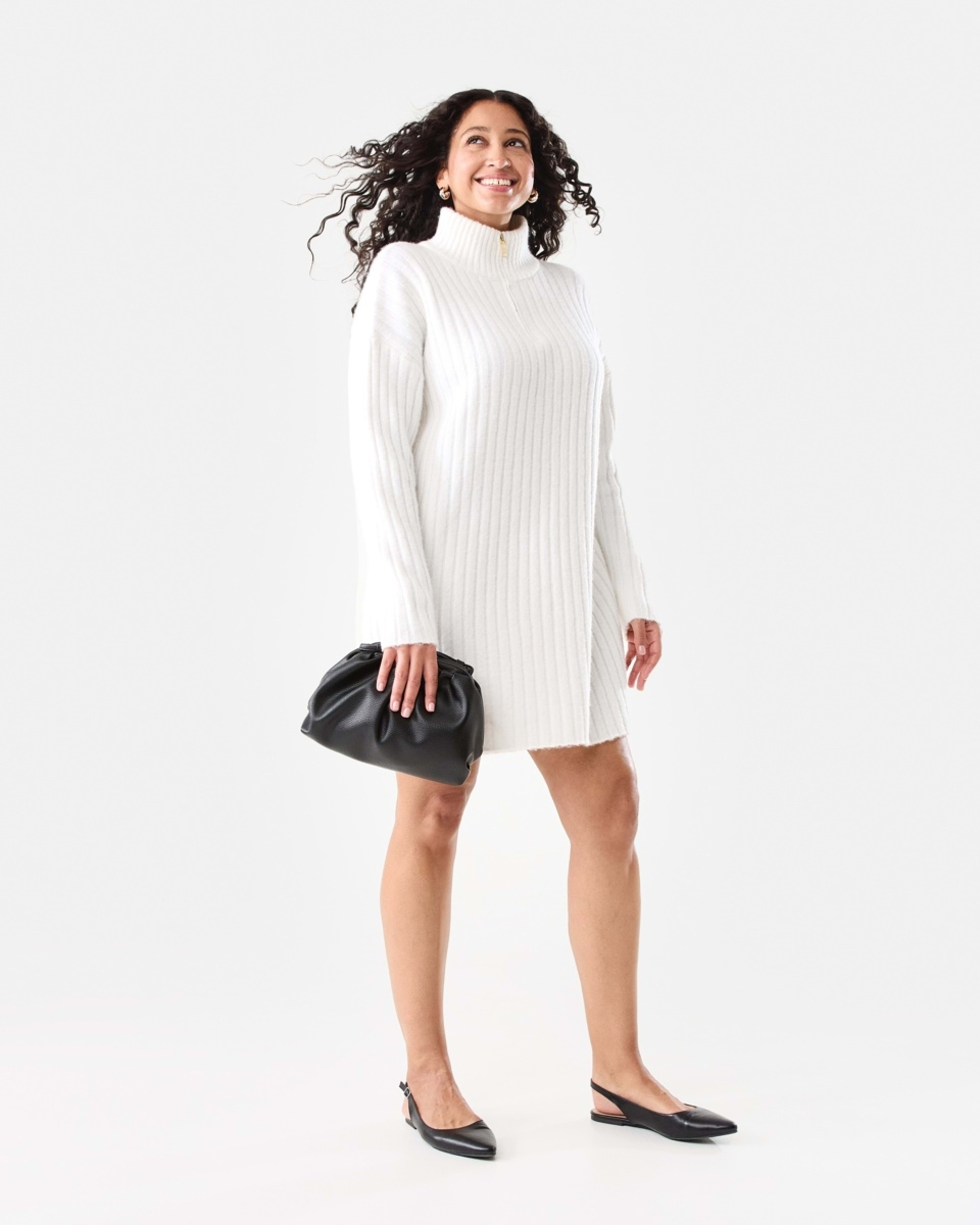 6 Long Sleeve Half Zip True Knit Mini Dress Ecru, 6 of 8
