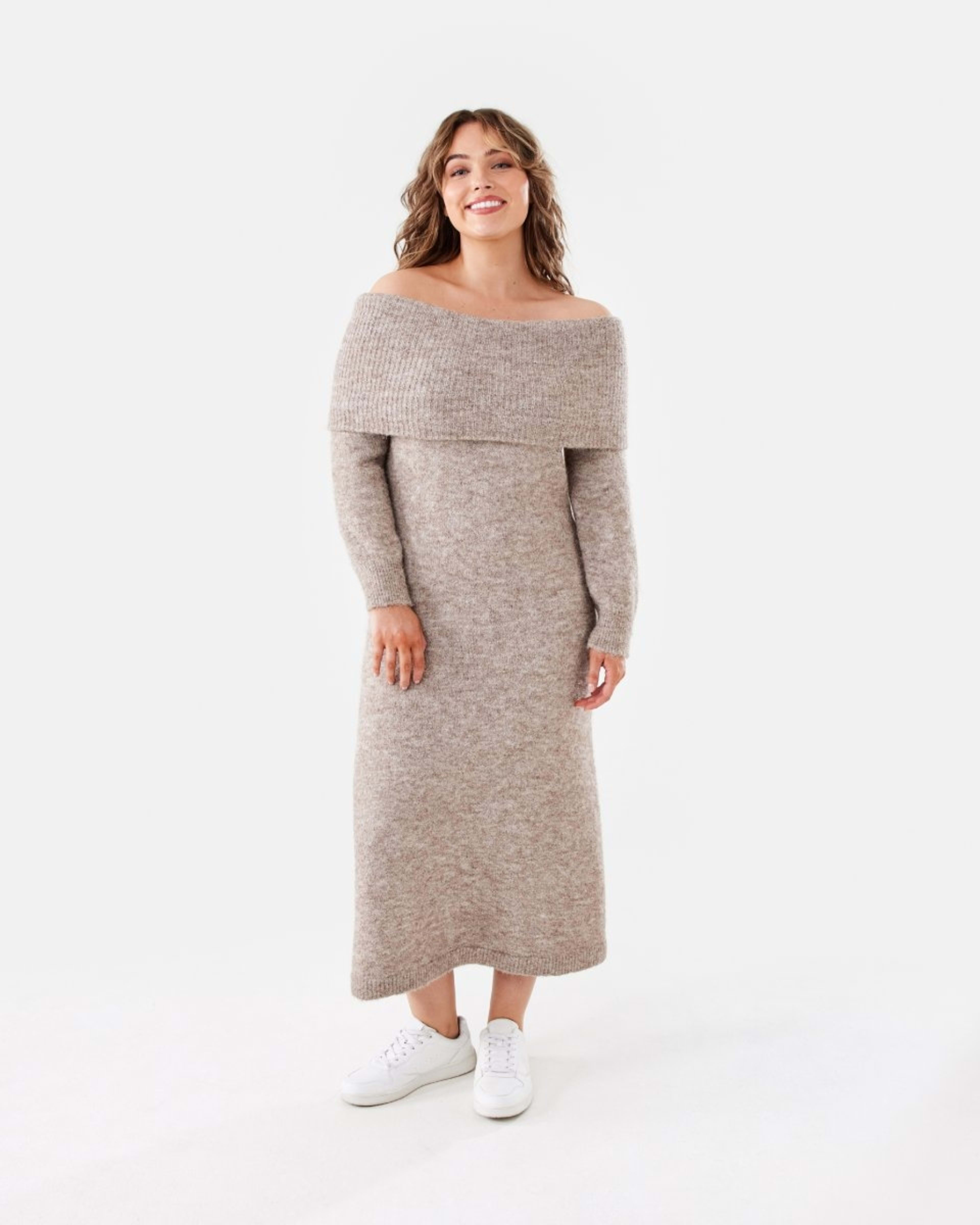 1 Long Sleeve Off Shoulder Knit Midi Dress Taupe Mrl