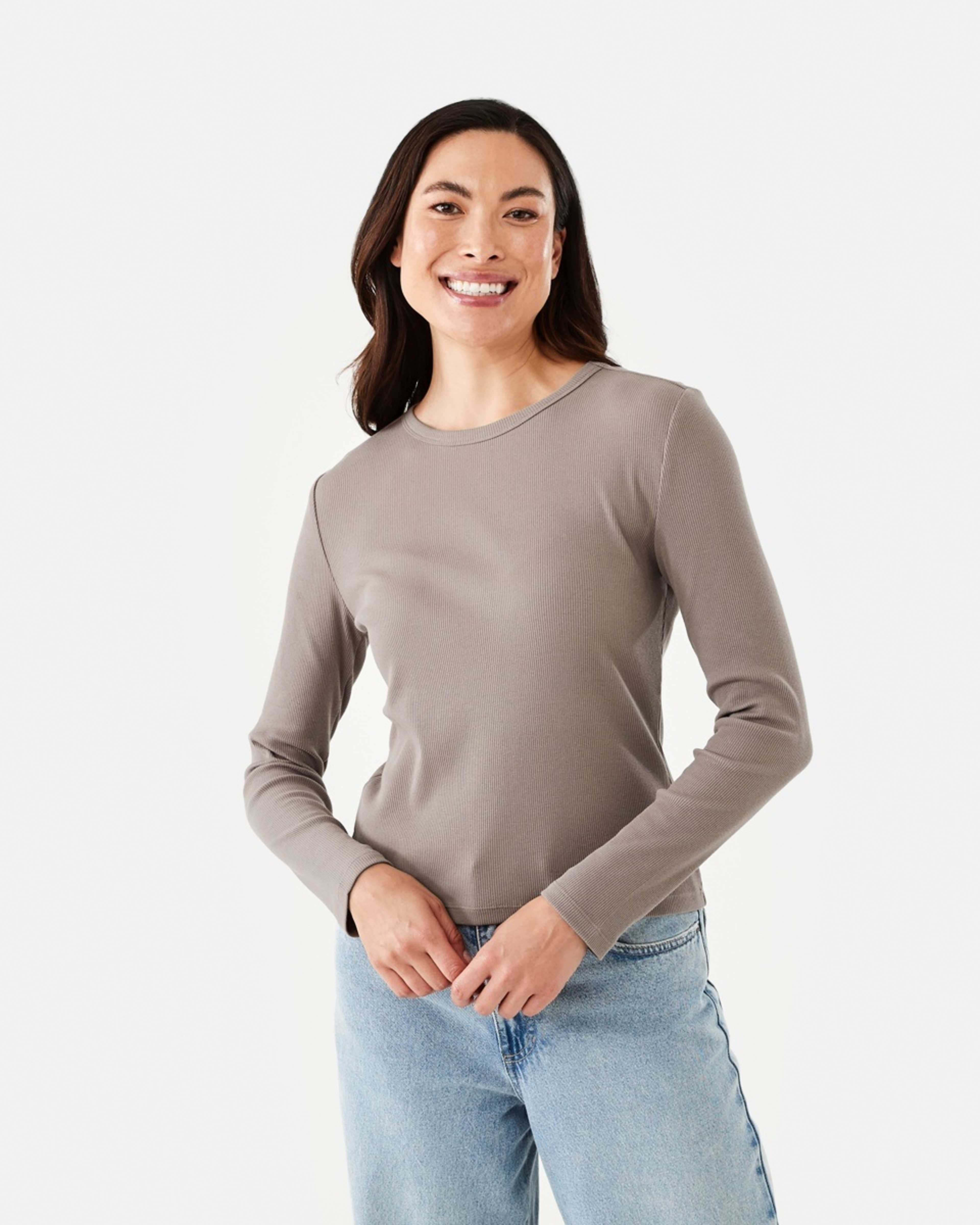 2 Long Sleeve Rib Crew T-shirt Taupe Brn, 2 of 6