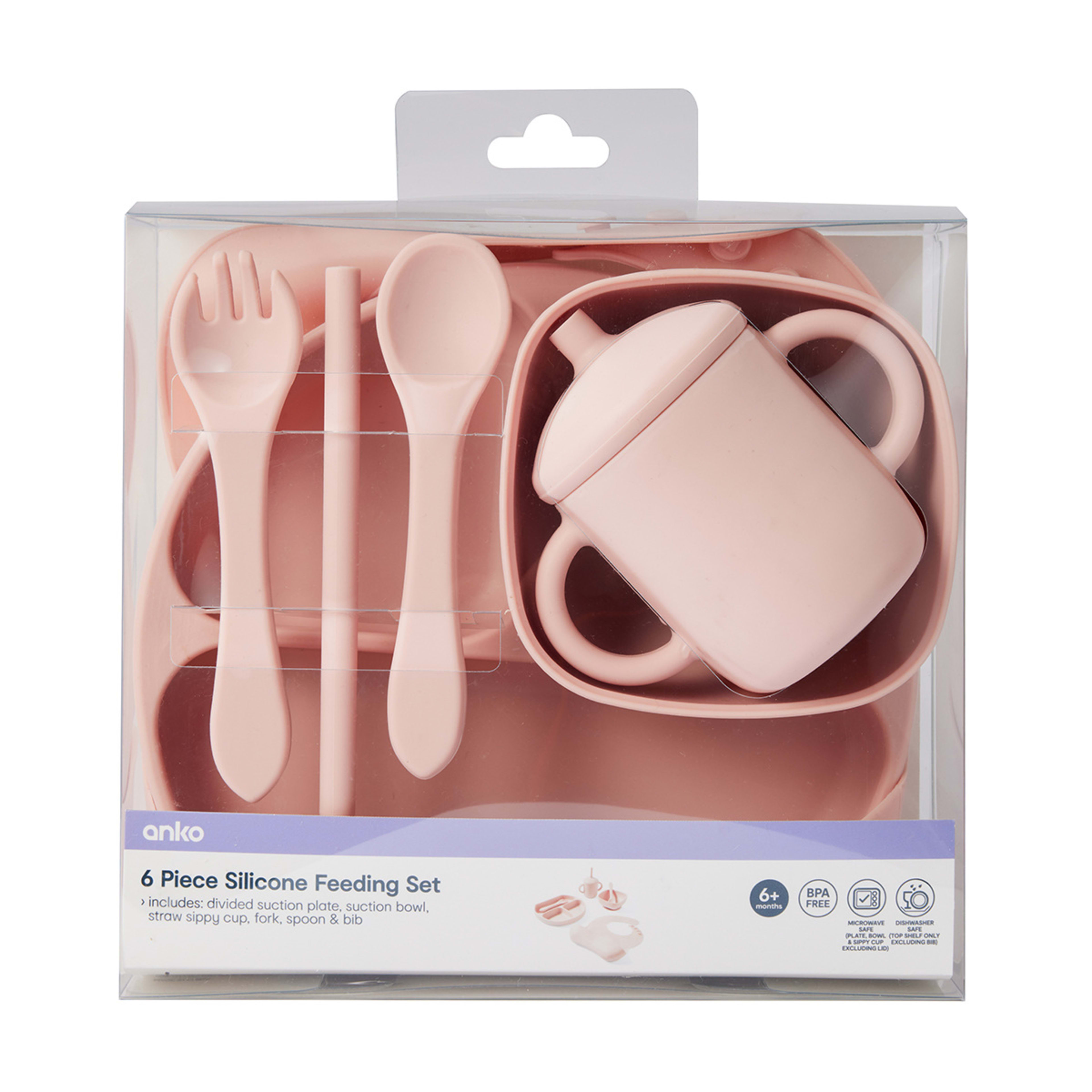 6 Piece Silicone Feeding Set Pink Kmart